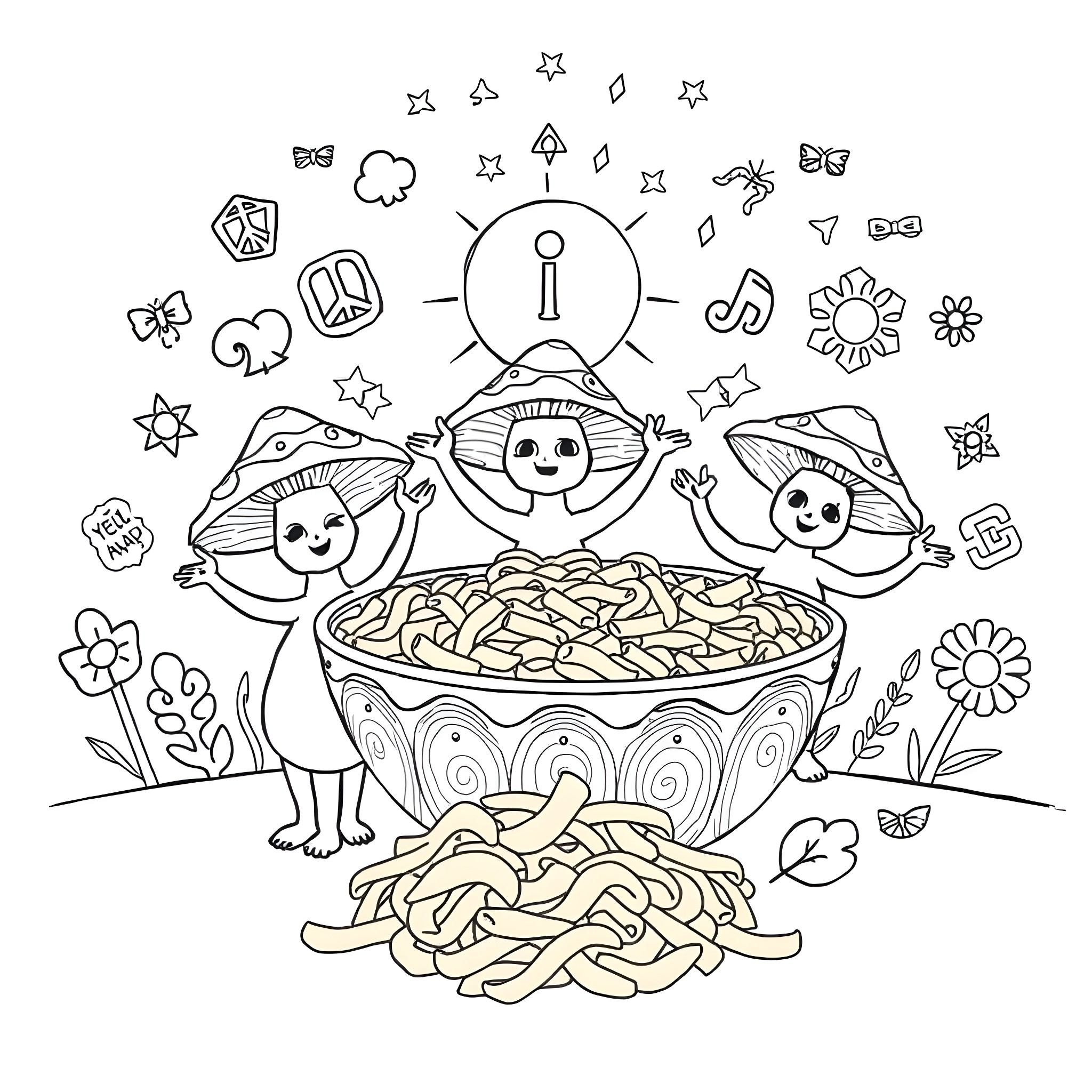 Mushroom Friends Enjoying a Tasty Meal Coloring Page (free black-and-white line drawing printable PDF for all, from beginners to advanced learners, including children, teens, adults, and seniors)