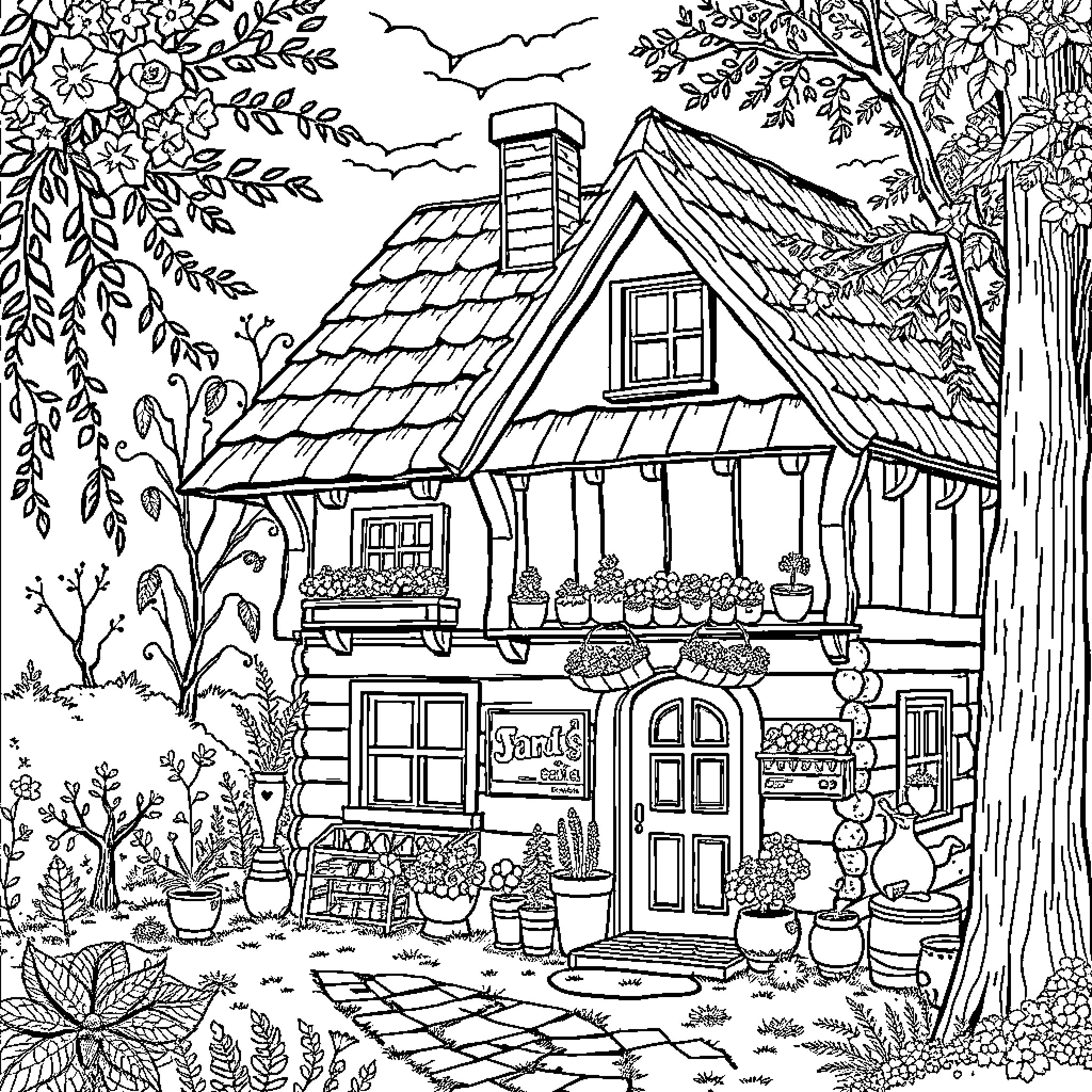Inventor's Cozy Country Cottage Retreat Coloring Page (free black-and-white line drawing printable PDF for all, from beginners to advanced learners, including children, teens, adults, and seniors)