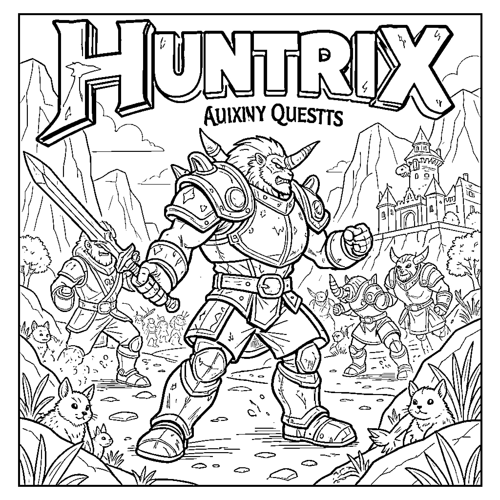 Huntrix: Adventurer on a Fantasy Quest Coloring Page (free black-and-white line drawing printable PDF for all, from beginners to advanced learners, including children, teens, adults, and seniors)
