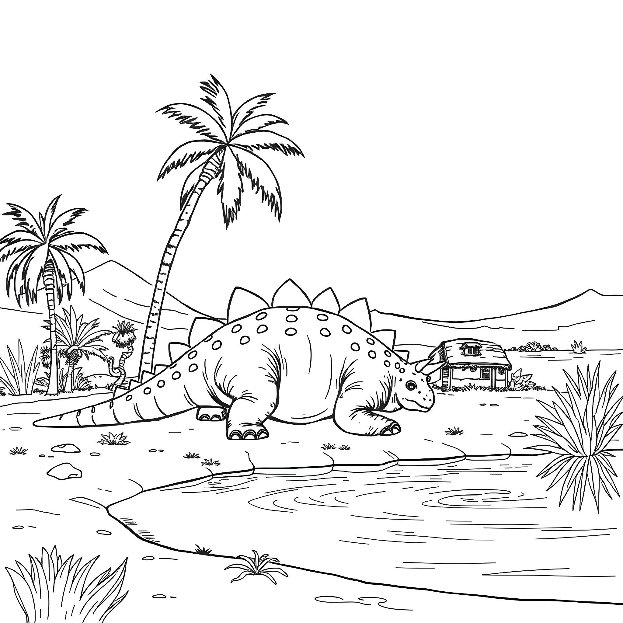 Ankylosaurus wandering in the prehistoric landscape Coloring Page (free black-and-white line drawing printable PDF for all, from beginners to advanced learners, including children, teens, adults, and seniors)