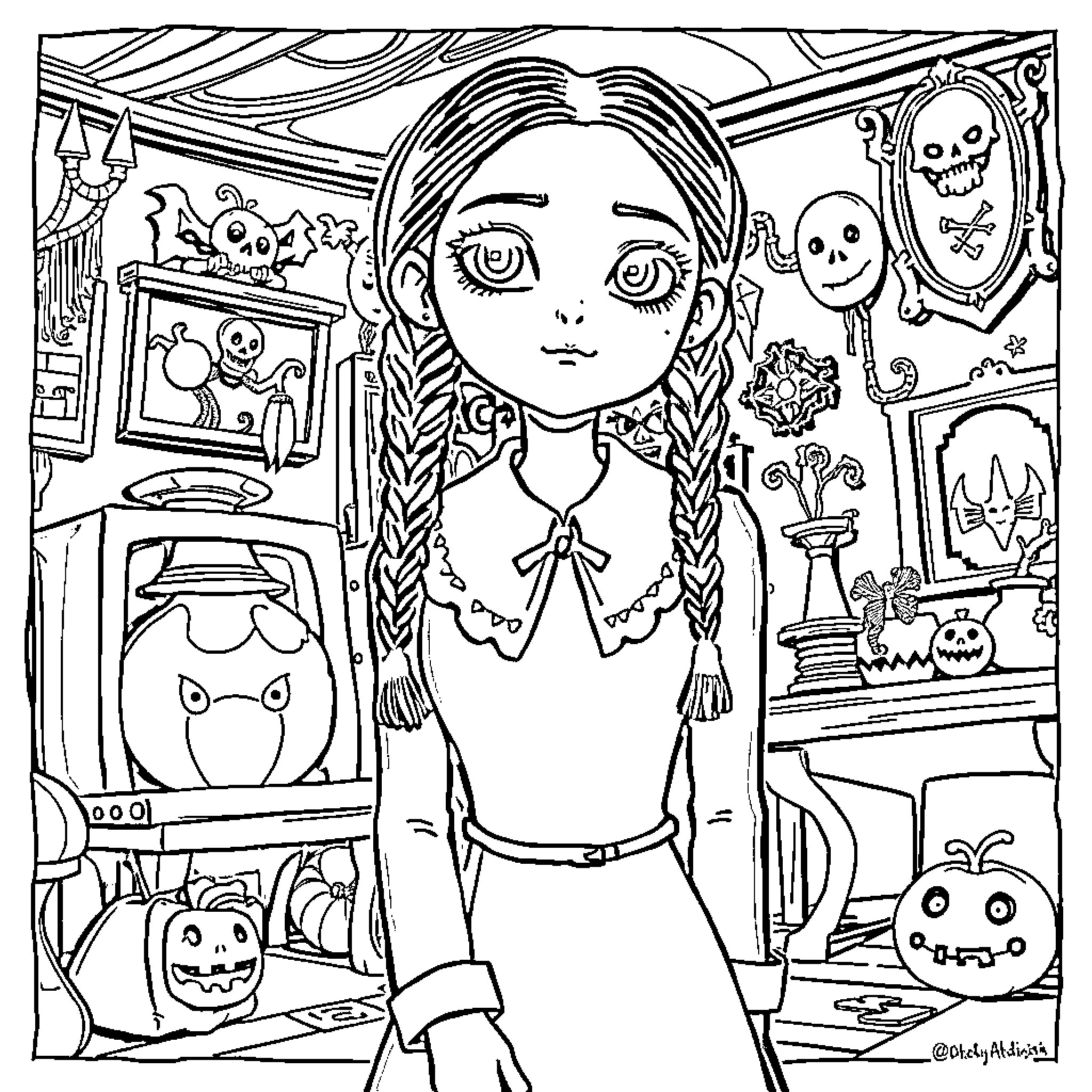 Wednesday Adams exploring her Halloween-themed room Coloring Page (free black-and-white line drawing printable PDF for all, from beginners to advanced learners, including children, teens, adults, and seniors)
