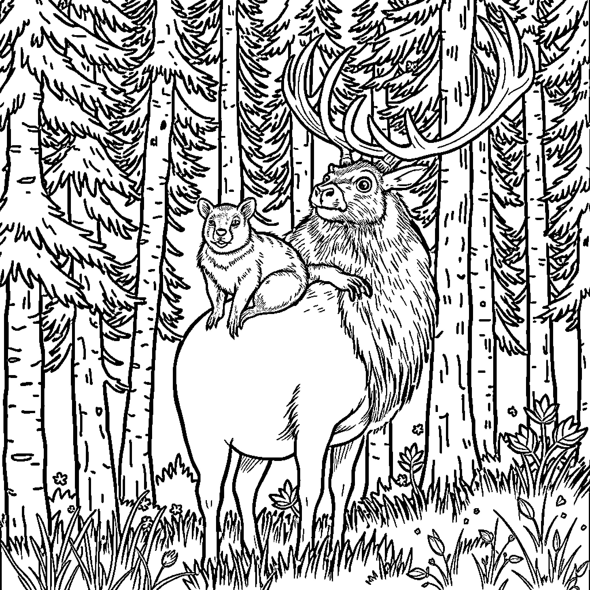 Capybara and its companion in the forest Coloring Page (free black-and-white line drawing printable PDF for all, from beginners to advanced learners, including children, teens, adults, and seniors)
