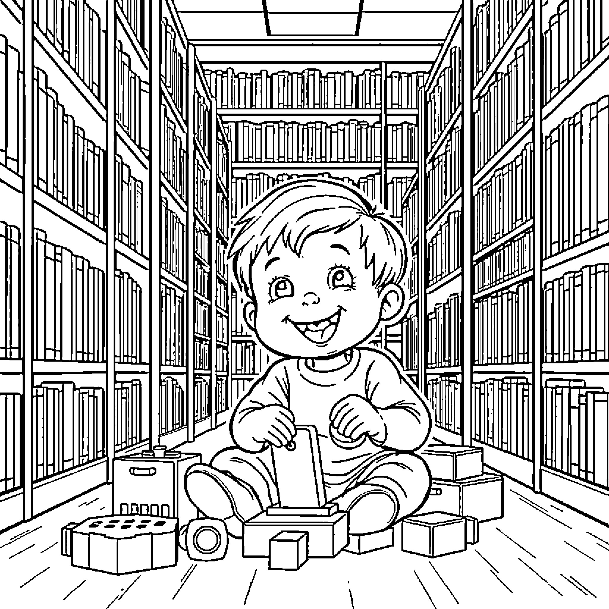 Toddler playing joyfully with toys in library Coloring Page (free black-and-white line drawing printable PDF for all, from beginners to advanced learners, including children, teens, adults, and seniors)