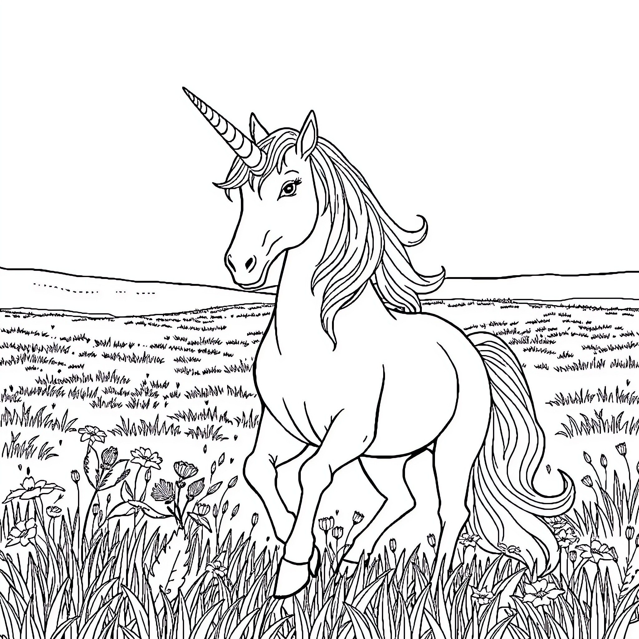Unicorn standing gracefully in a field of flowers Coloring Page (free black-and-white line drawing printable PDF for all, from beginners to advanced learners, including children, teens, adults, and seniors)