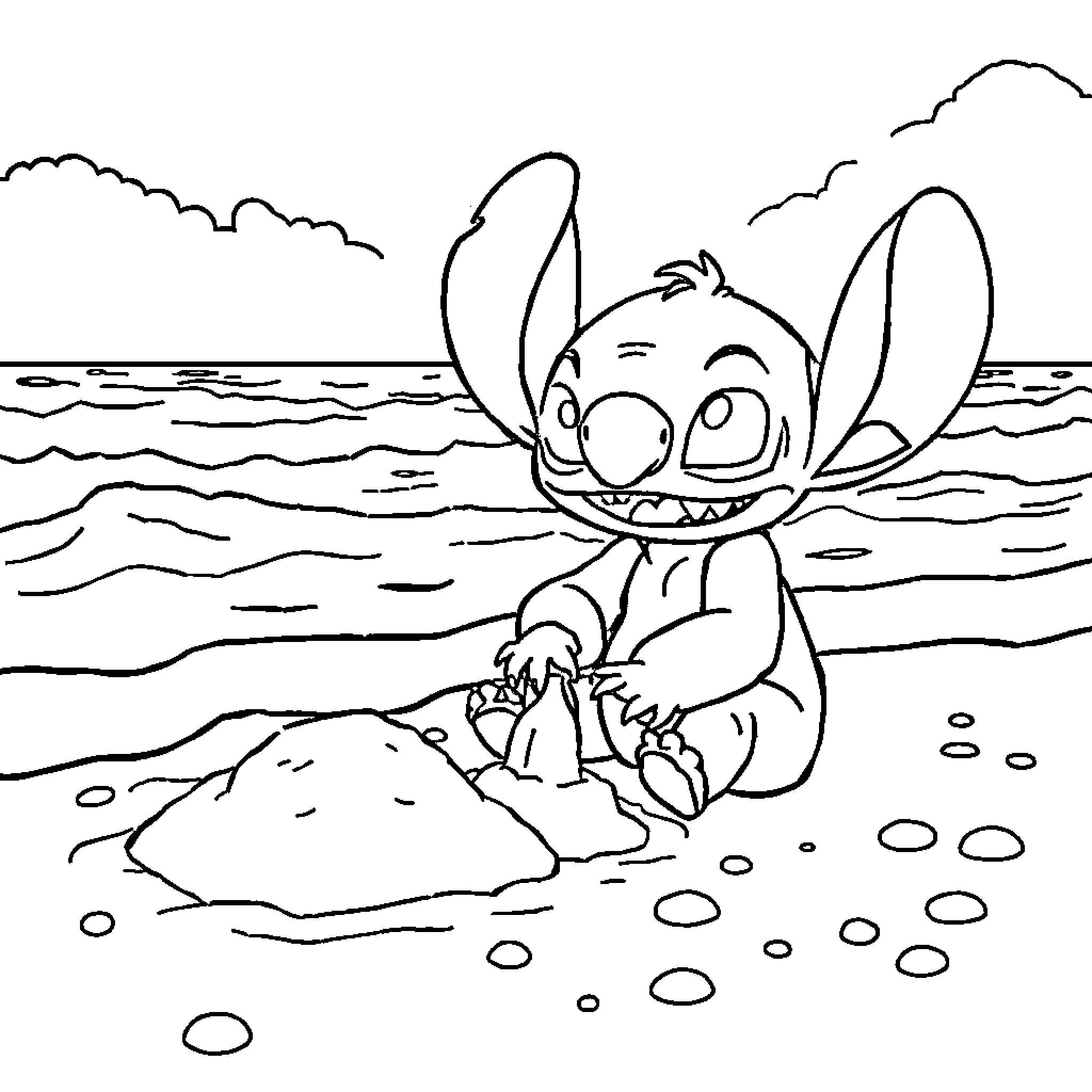 Stitch exploring the beach alone Coloring Page (free black-and-white line drawing printable PDF for all, from beginners to advanced learners, including children, teens, adults, and seniors)