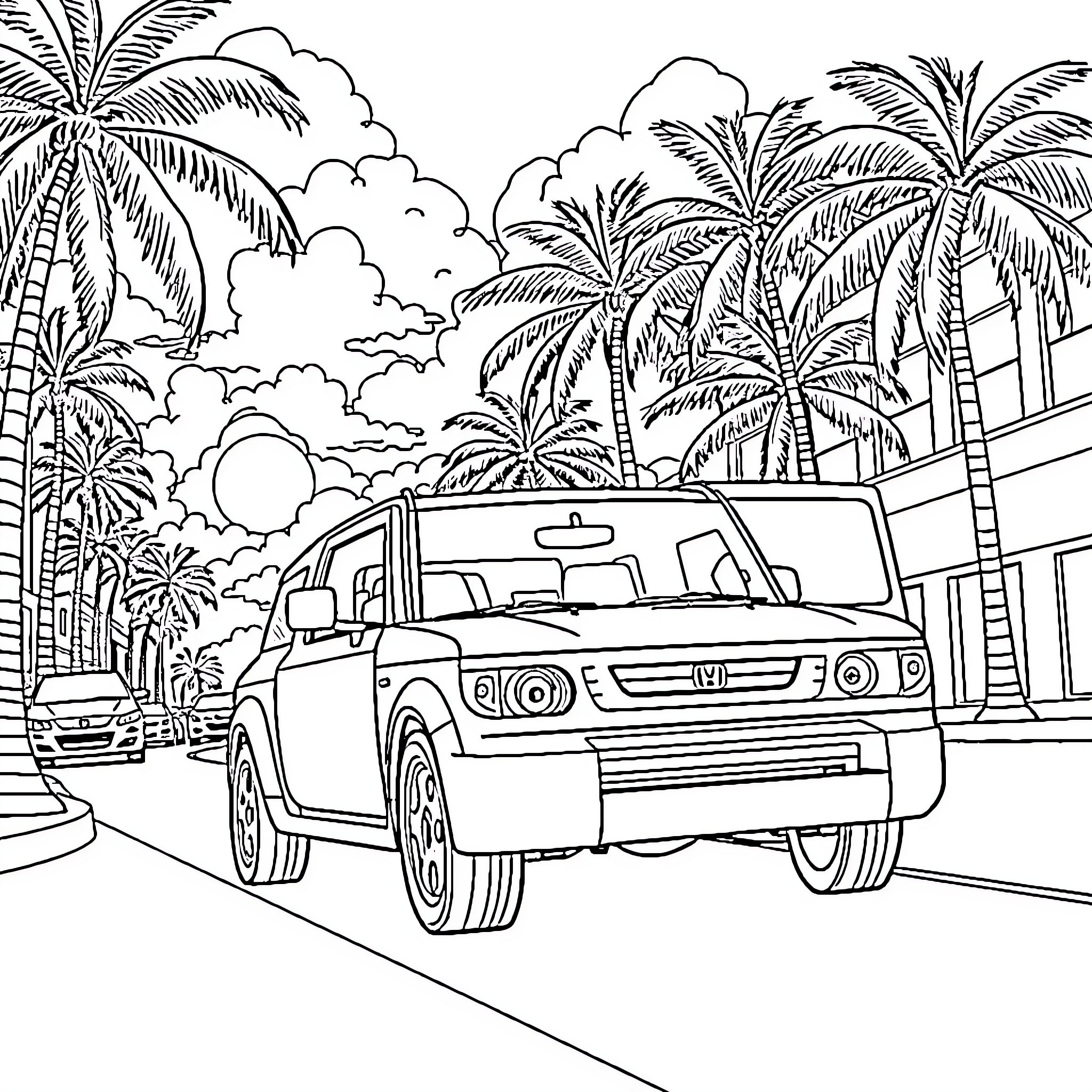 Honda SUV driving through tropical landscape Coloring Page (free black-and-white line drawing printable PDF for all, from beginners to advanced learners, including children, teens, adults, and seniors)