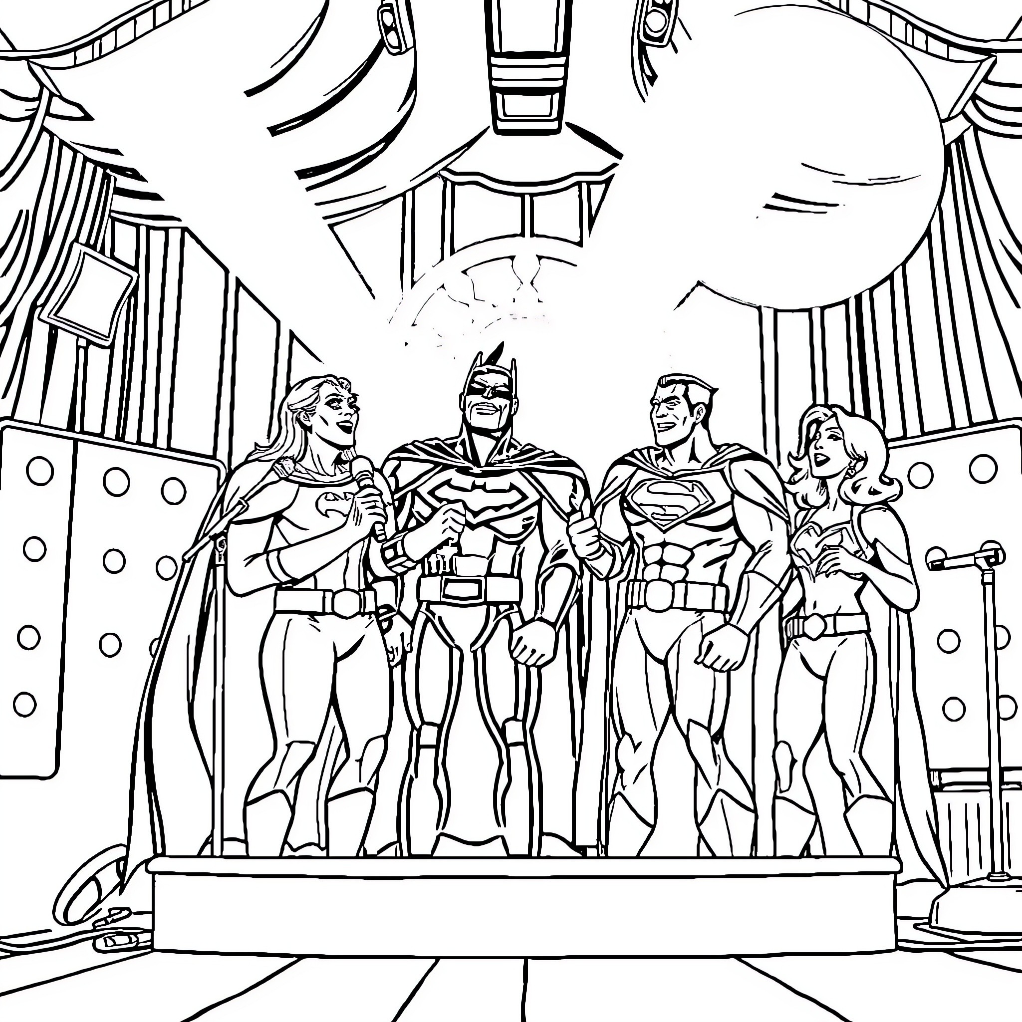 Justice League Heroes Assembled in Action Poses Coloring Page (free black-and-white line drawing printable PDF for all, from beginners to advanced learners, including children, teens, adults, and seniors)