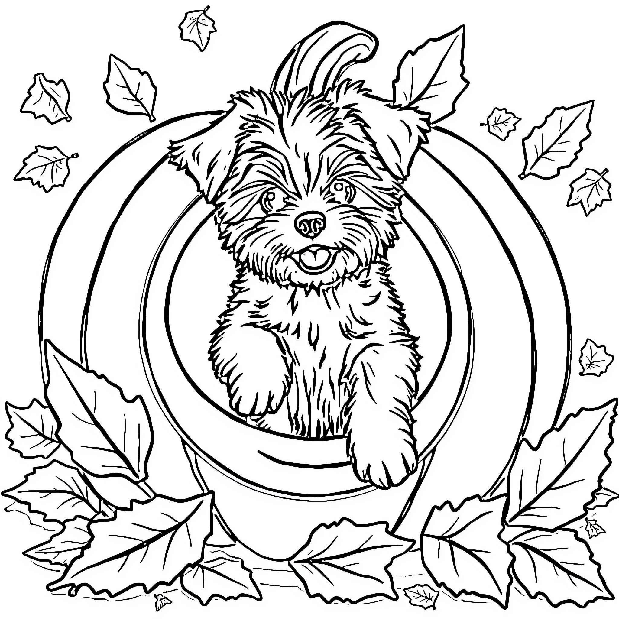 Jack-o'-lantern puppy playing with autumn leaves Coloring Page (free black-and-white line drawing printable PDF for all, from beginners to advanced learners, including children, teens, adults, and seniors)