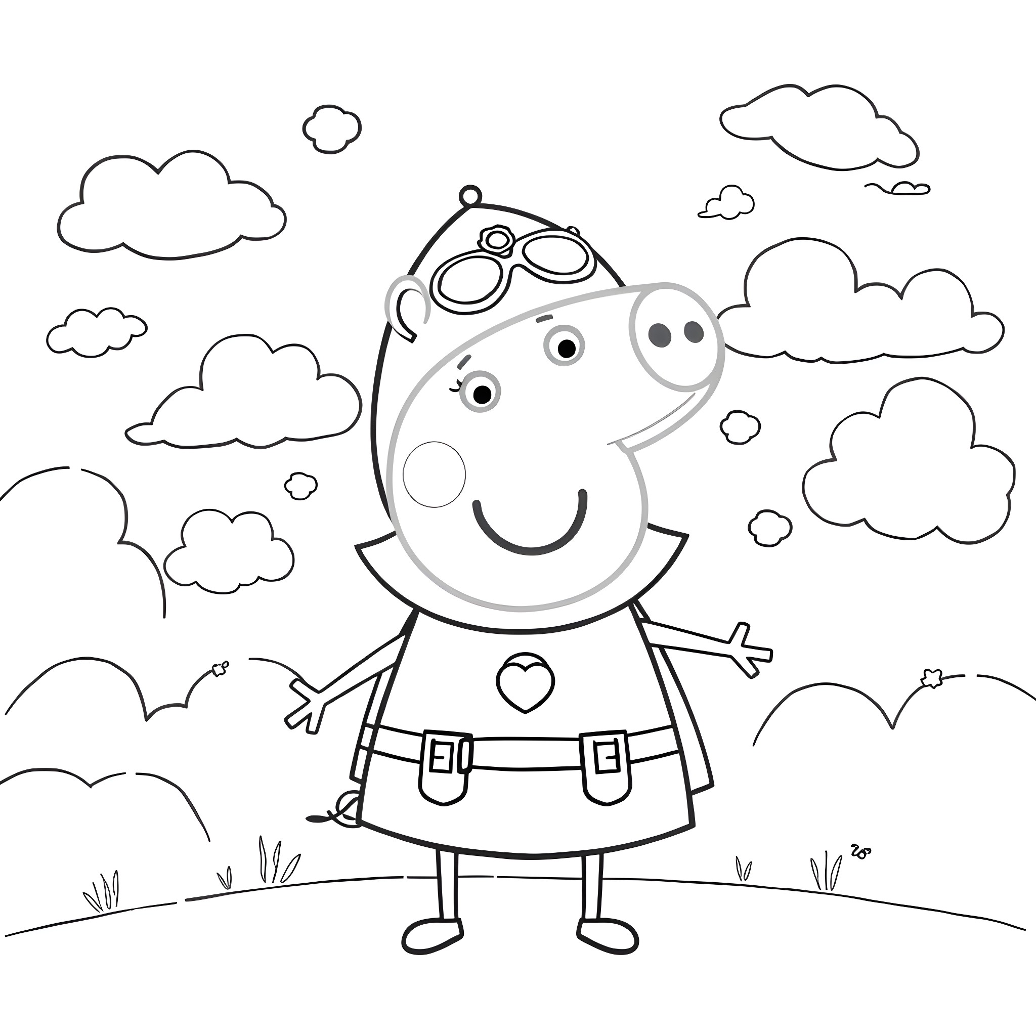 Peppa Pig enjoying a day outdoors Coloring Page (free black-and-white line drawing printable PDF for all, from beginners to advanced learners, including children, teens, adults, and seniors)