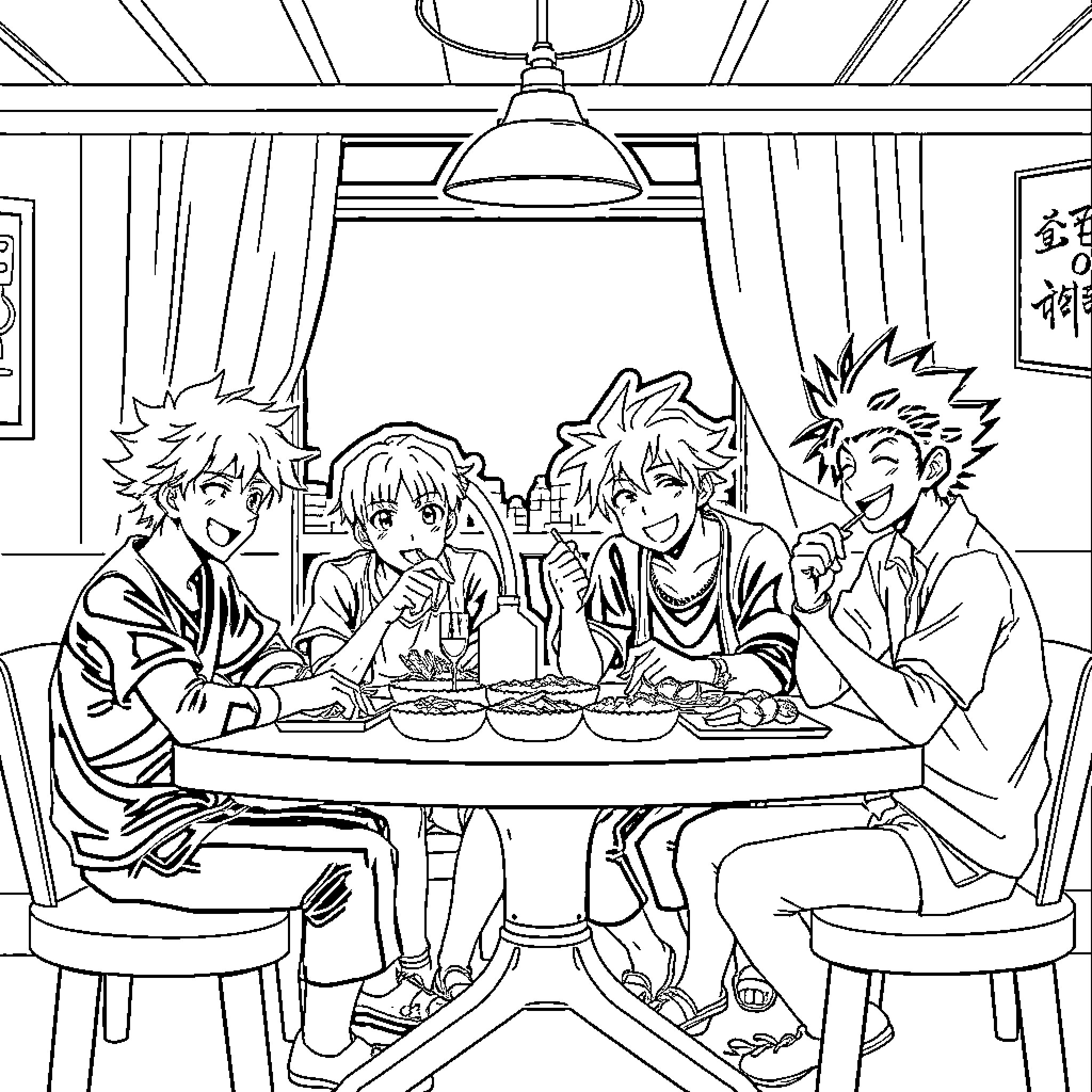 Yu Yu Hakusho Characters Enjoying a Meal Together Coloring Page (free black-and-white line drawing printable PDF for all, from beginners to advanced learners, including children, teens, adults, and seniors)