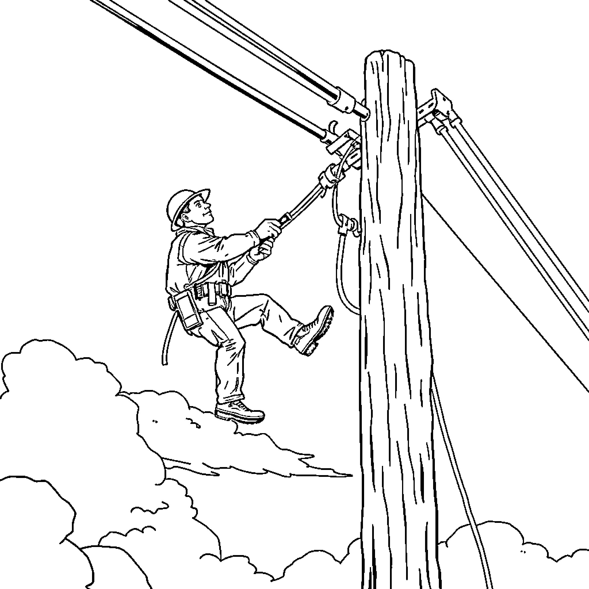 Lineman repairing power lines on tall pole Coloring Page (free black-and-white line drawing printable PDF for all, from beginners to advanced learners, including children, teens, adults, and seniors)