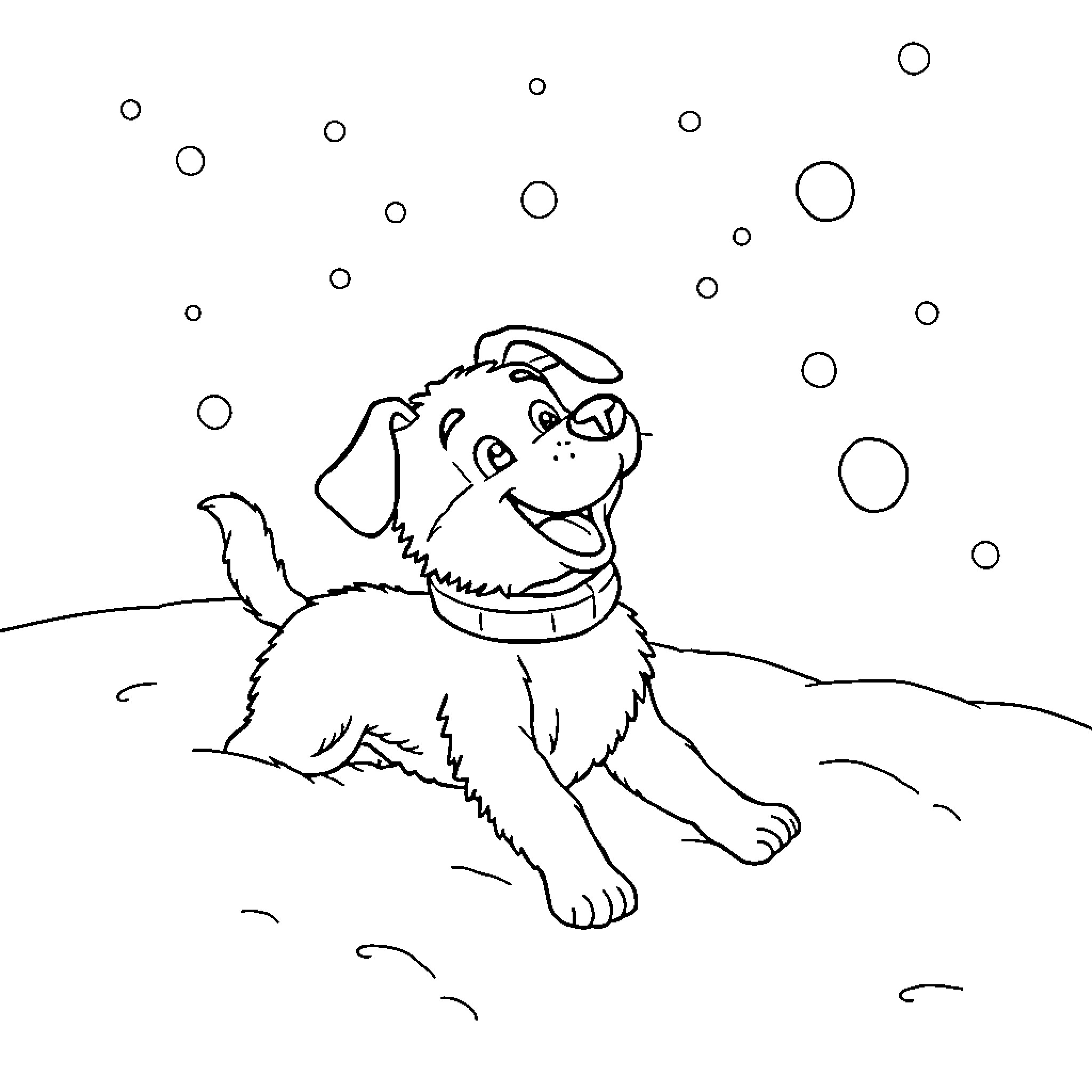 Benji the happy pup playing in the snow Coloring Page (free black-and-white line drawing printable PDF for all, from beginners to advanced learners, including children, teens, adults, and seniors)