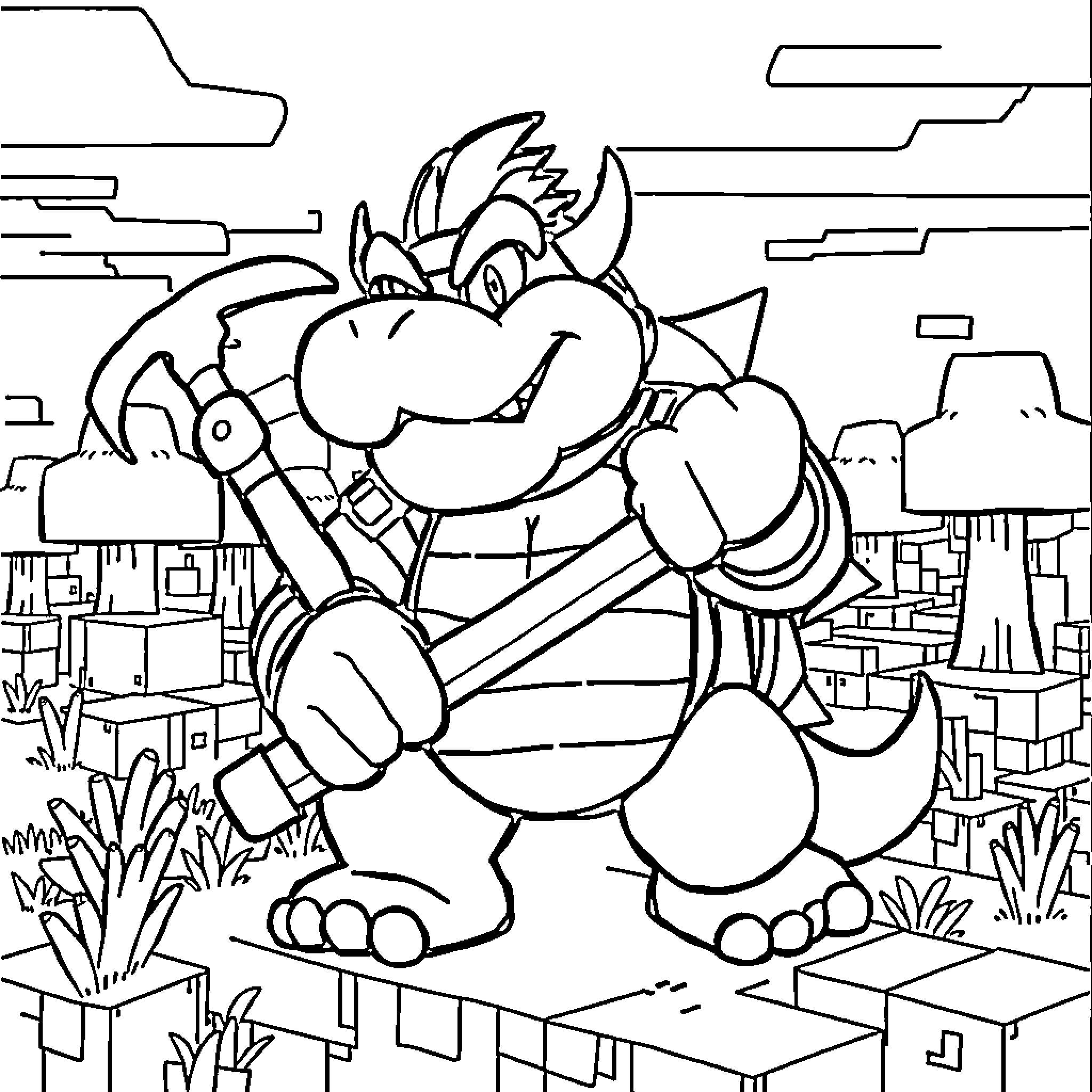 Bowser Jr holding a pickaxe in a rocky landscape Coloring Page (free black-and-white line drawing printable PDF for all, from beginners to advanced learners, including children, teens, adults, and seniors)
