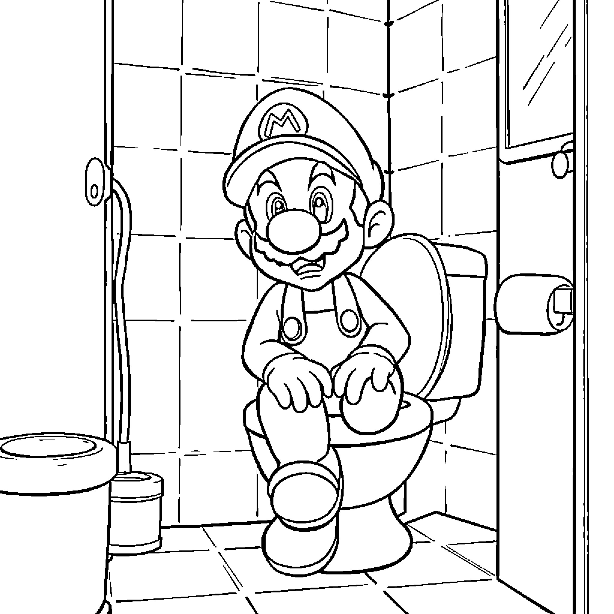 Mario Relaxing in the Bathroom Coloring Page (free black-and-white line drawing printable PDF for all, from beginners to advanced learners, including children, teens, adults, and seniors)