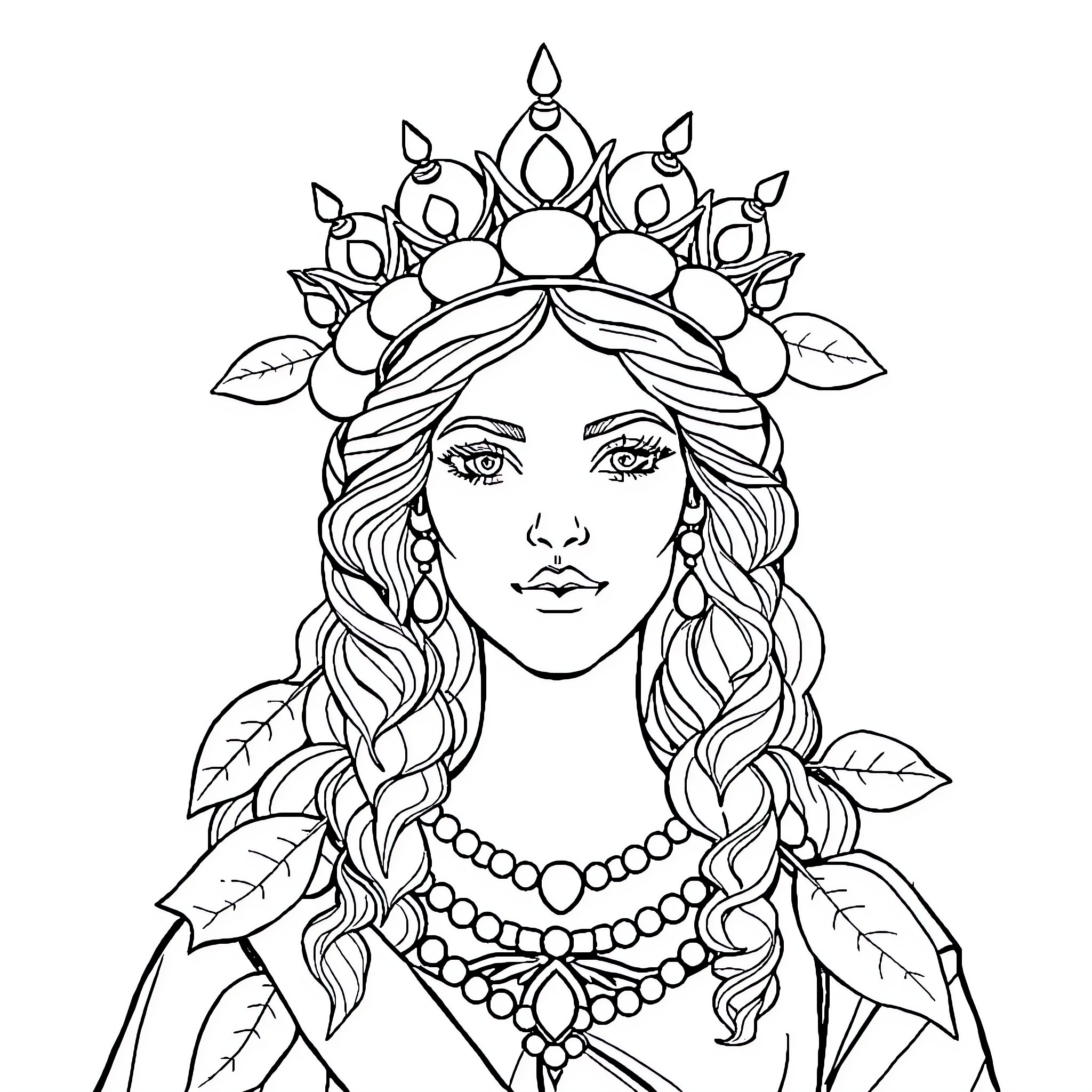 Cumquat Goddess with Ornate Crown and Jewelry Coloring Page (free black-and-white line drawing printable PDF for all, from beginners to advanced learners, including children, teens, adults, and seniors)