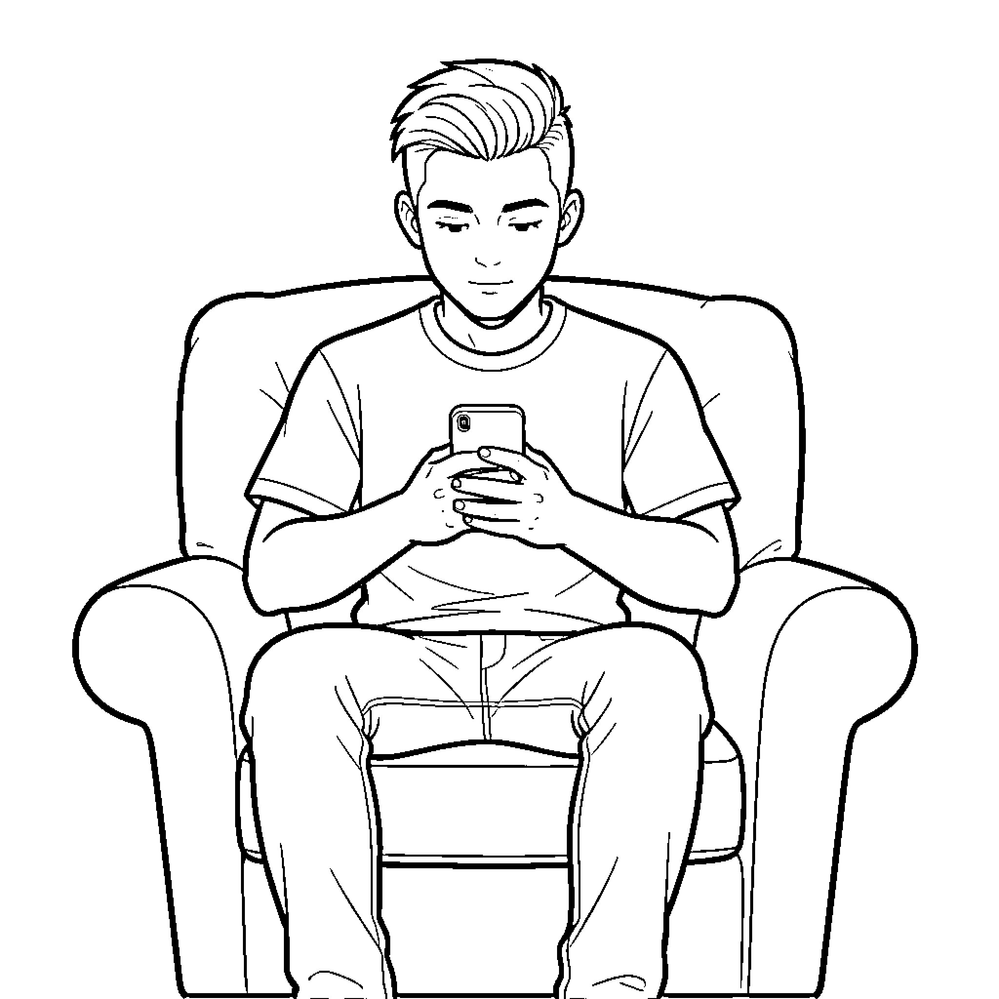 Youth Absorbed in Digital Device Coloring Page (free black-and-white line drawing printable PDF for all, from beginners to advanced learners, including children, teens, adults, and seniors)