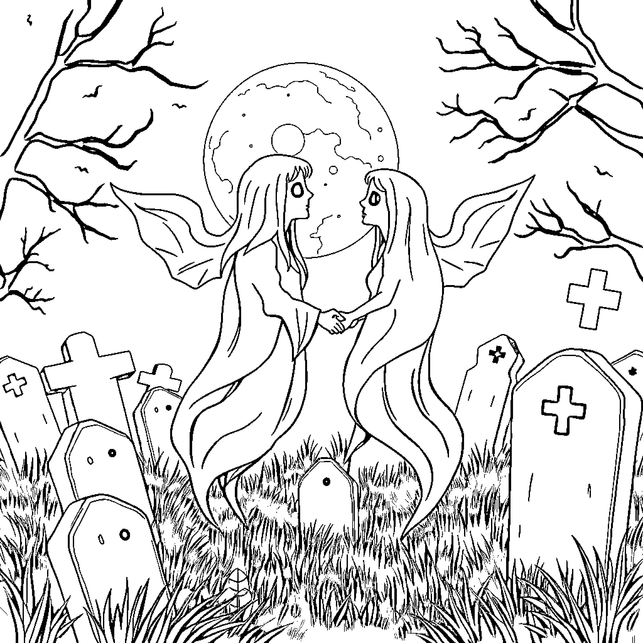 Ghost Sisters Dancing Under Moonlit Graveyard Coloring Page (free black-and-white line drawing printable PDF for all, from beginners to advanced learners, including children, teens, adults, and seniors)