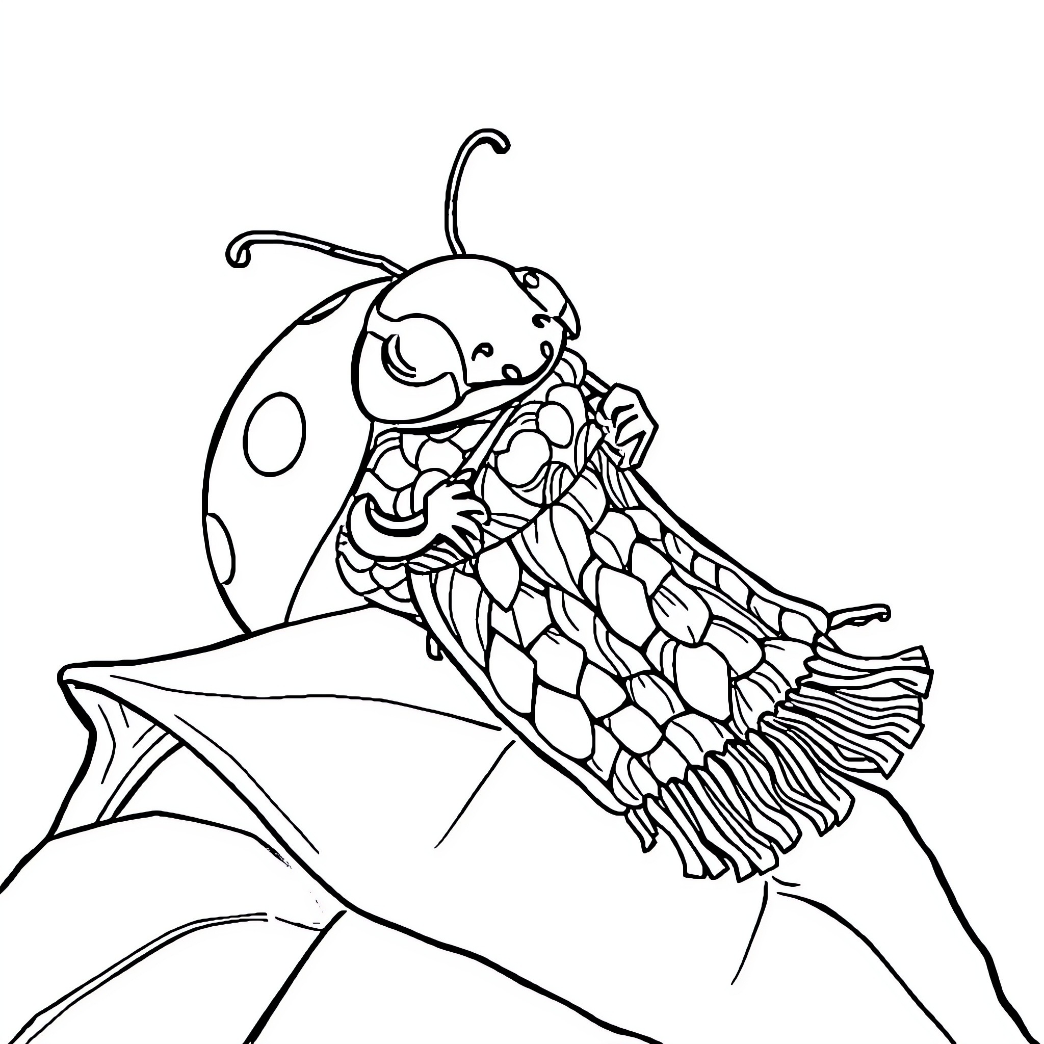 Ladybug exploring a leaf with intricate patterns Coloring Page (free black-and-white line drawing printable PDF for all, from beginners to advanced learners, including children, teens, adults, and seniors)