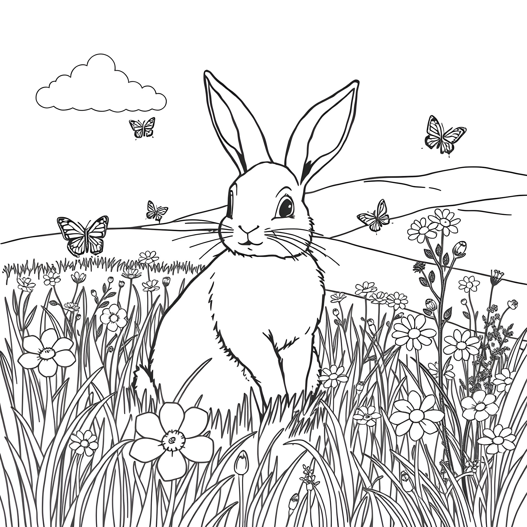 Rabbit among flowers and butterflies in the meadow Coloring Page (free black-and-white line drawing printable PDF for all, from beginners to advanced learners, including children, teens, adults, and seniors)
