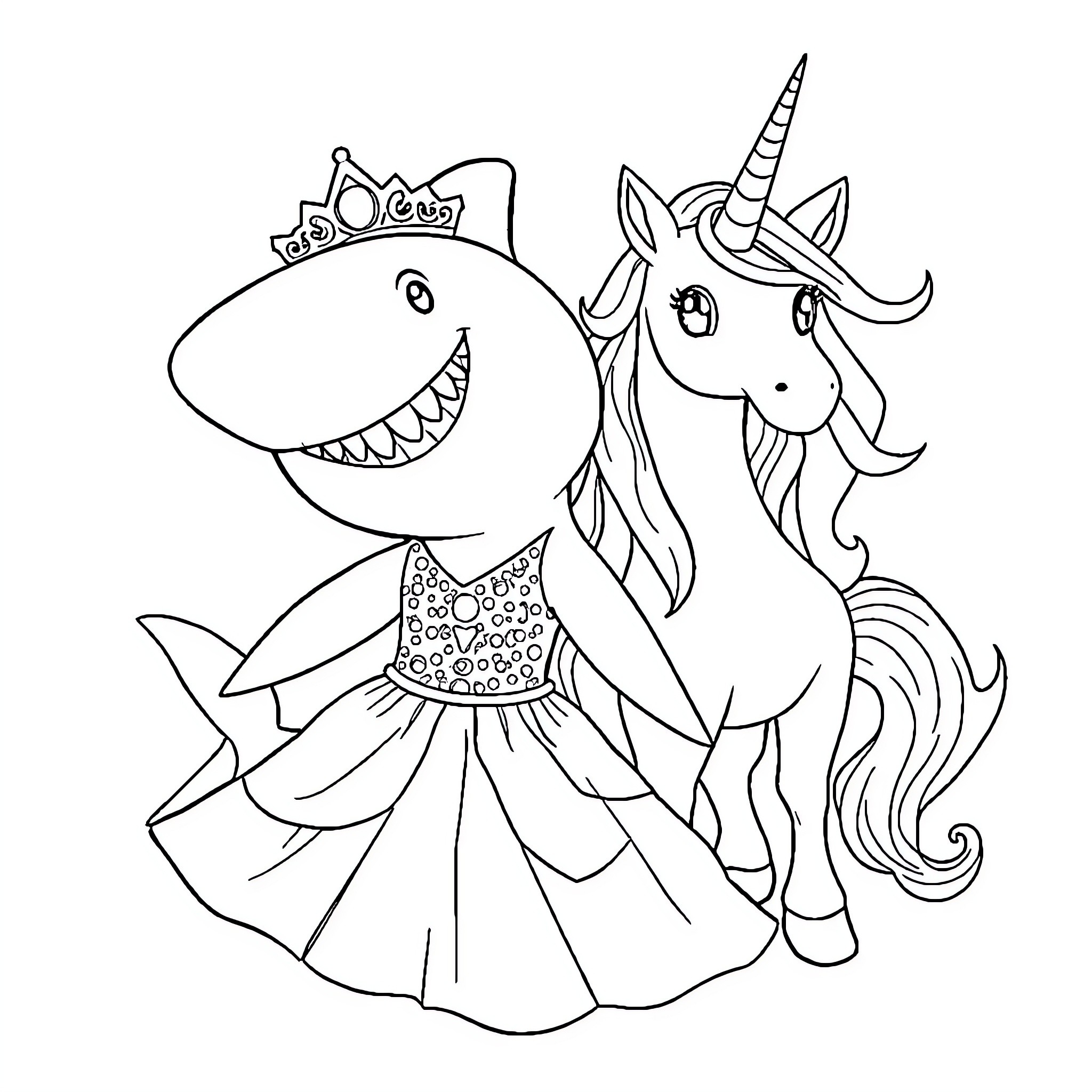Shark and Unicorn in Fancy Outfits Coloring Page (free black-and-white line drawing printable PDF for all, from beginners to advanced learners, including children, teens, adults, and seniors)