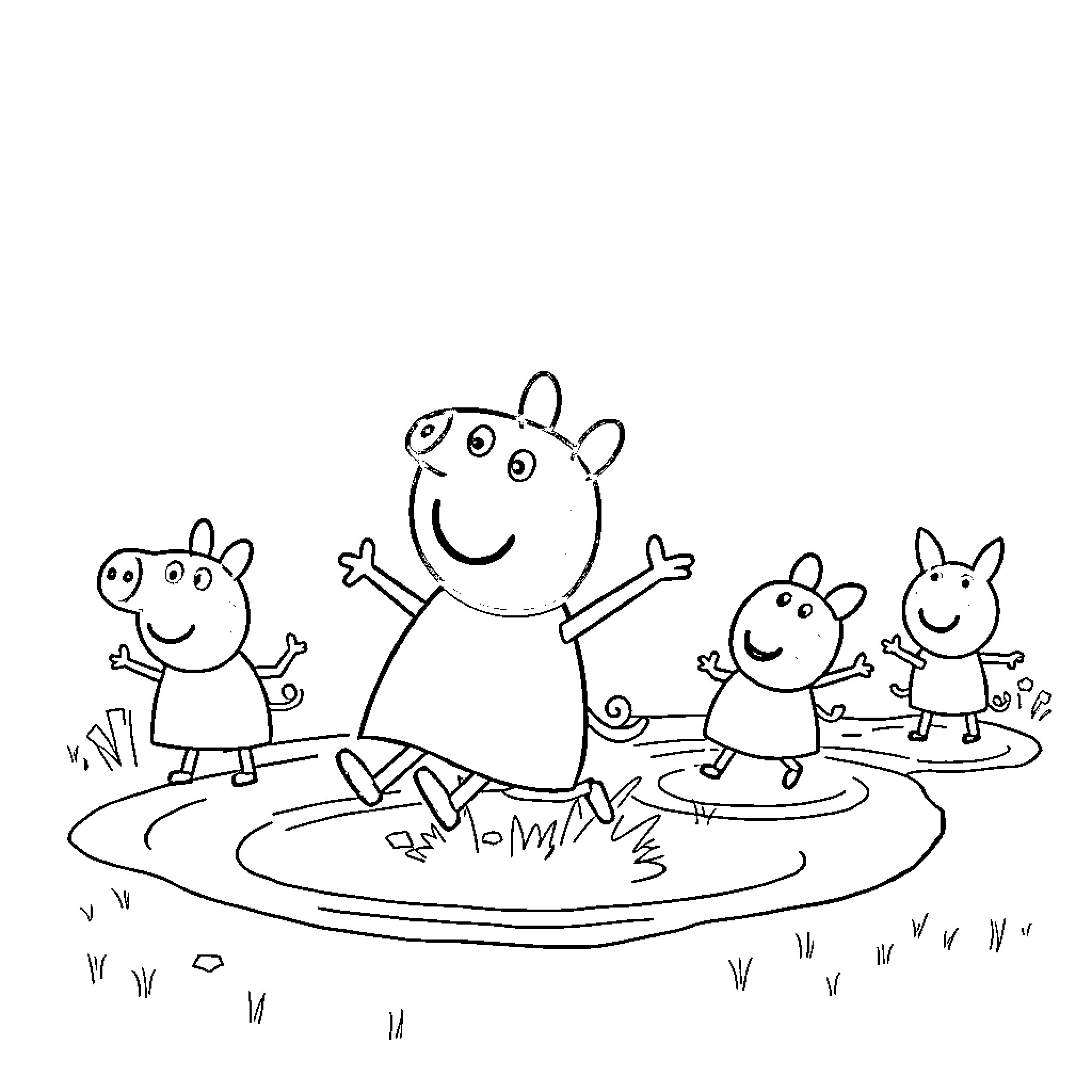 Peppa and friends playing happily outdoors Coloring Page (free black-and-white line drawing printable PDF for all, from beginners to advanced learners, including children, teens, adults, and seniors)