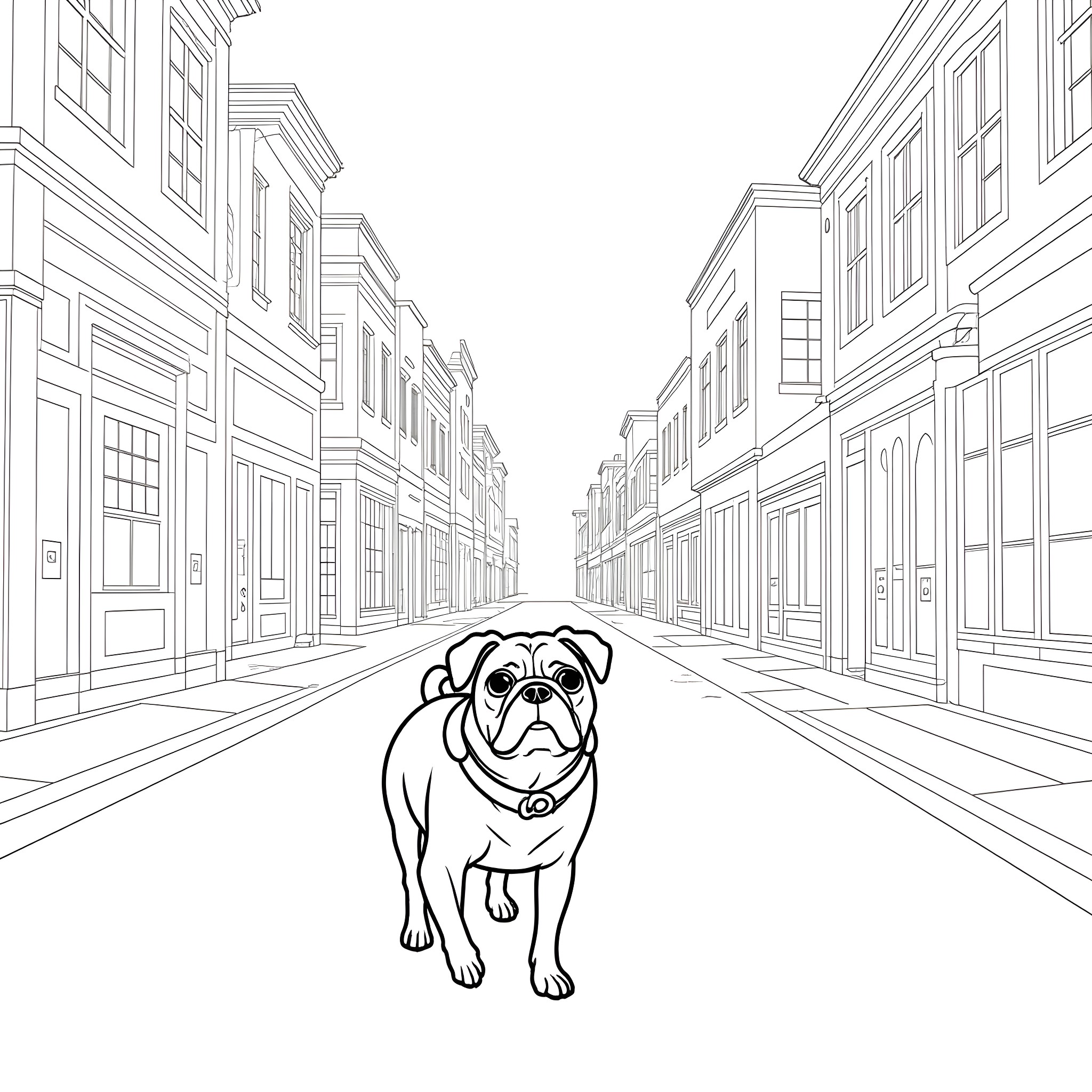 Pug exploring the historic city streets Coloring Page (free black-and-white line drawing printable PDF for all, from beginners to advanced learners, including children, teens, adults, and seniors)