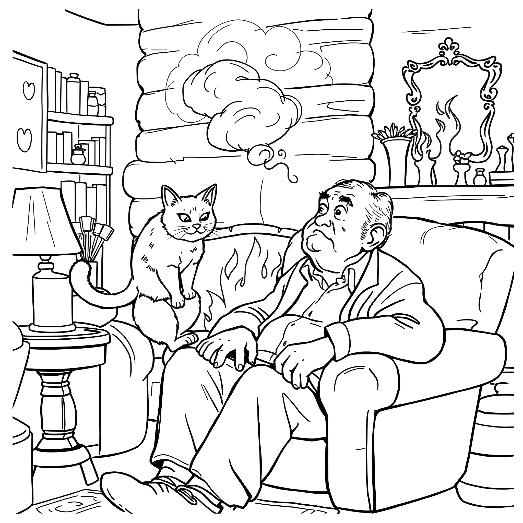 Cat and Man Relaxing in Cozy Living Room Coloring Page (free black-and-white line drawing printable PDF for all, from beginners to advanced learners, including children, teens, adults, and seniors)
