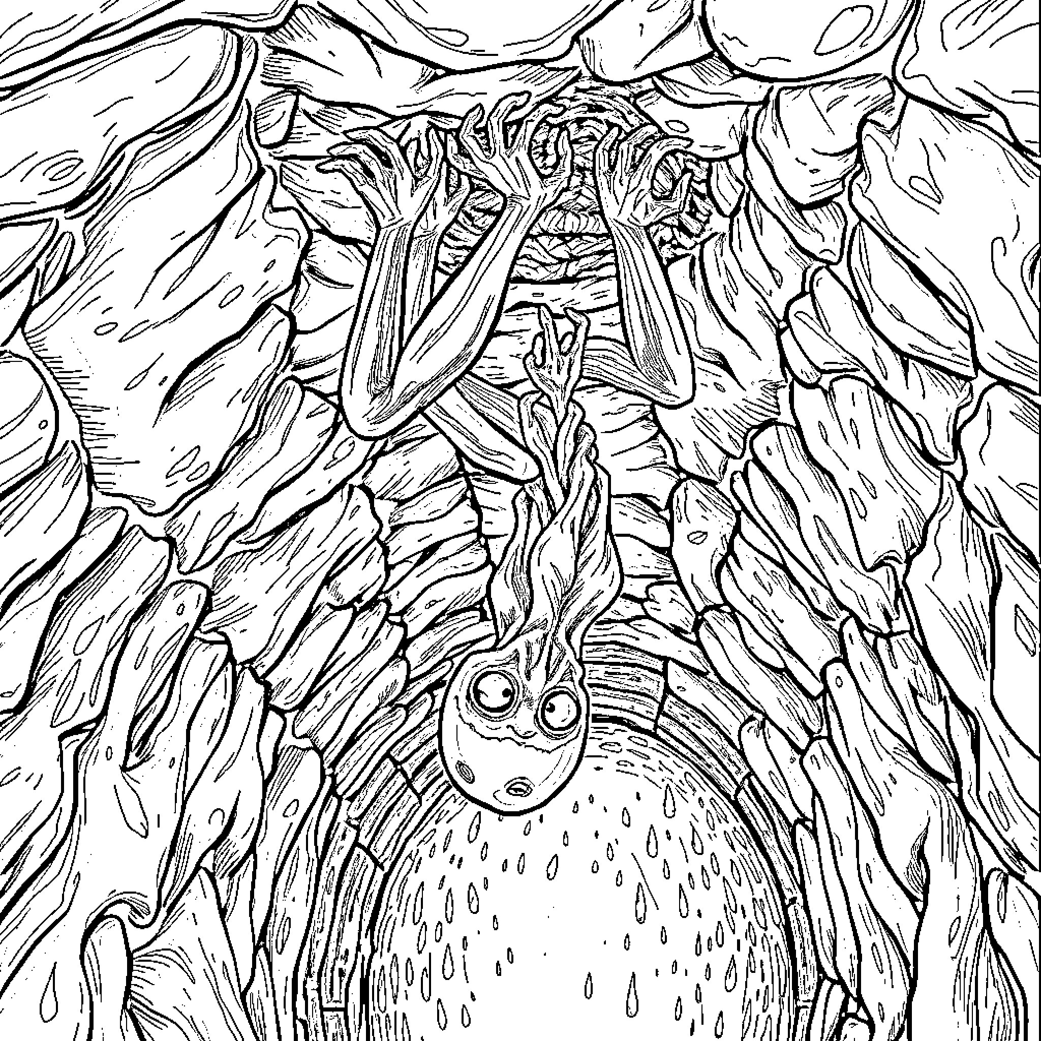 Alien Creature Emerging from Mysterious Cavern Coloring Page (free black-and-white line drawing printable PDF for all, from beginners to advanced learners, including children, teens, adults, and seniors)