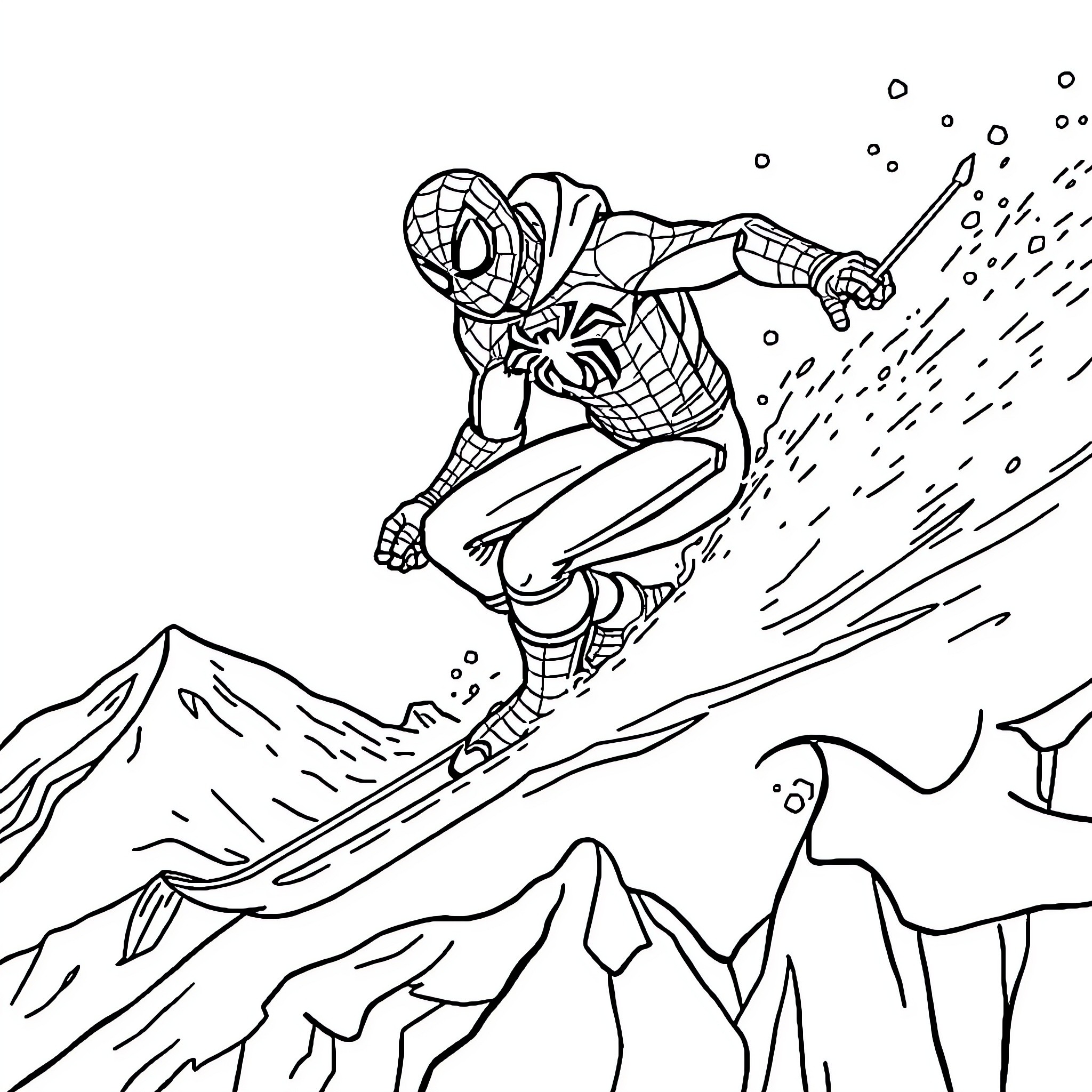 Spiderman scaling snowy mountain slopes Coloring Page (free black-and-white line drawing printable PDF for all, from beginners to advanced learners, including children, teens, adults, and seniors)
