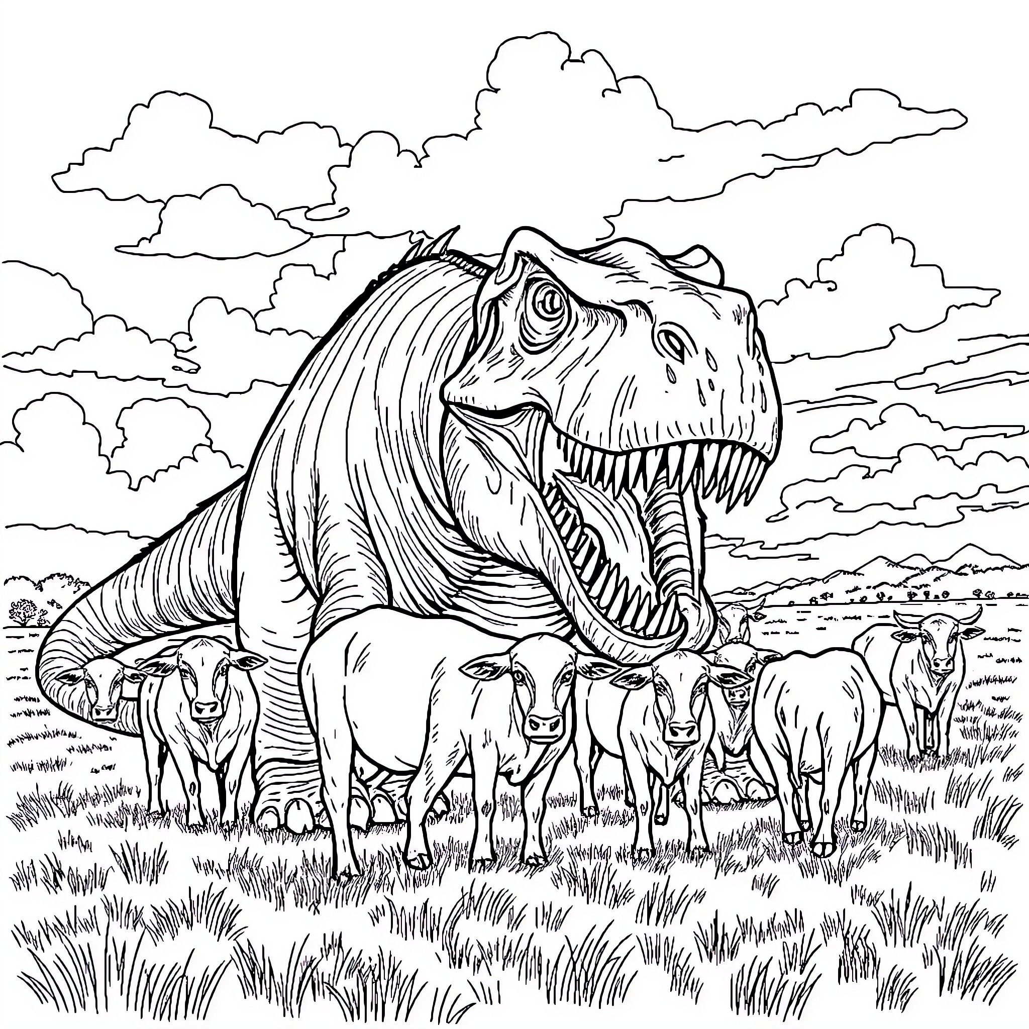Dinosaur roaring among grazing animals Coloring Page (free black-and-white line drawing printable PDF for all, from beginners to advanced learners, including children, teens, adults, and seniors)