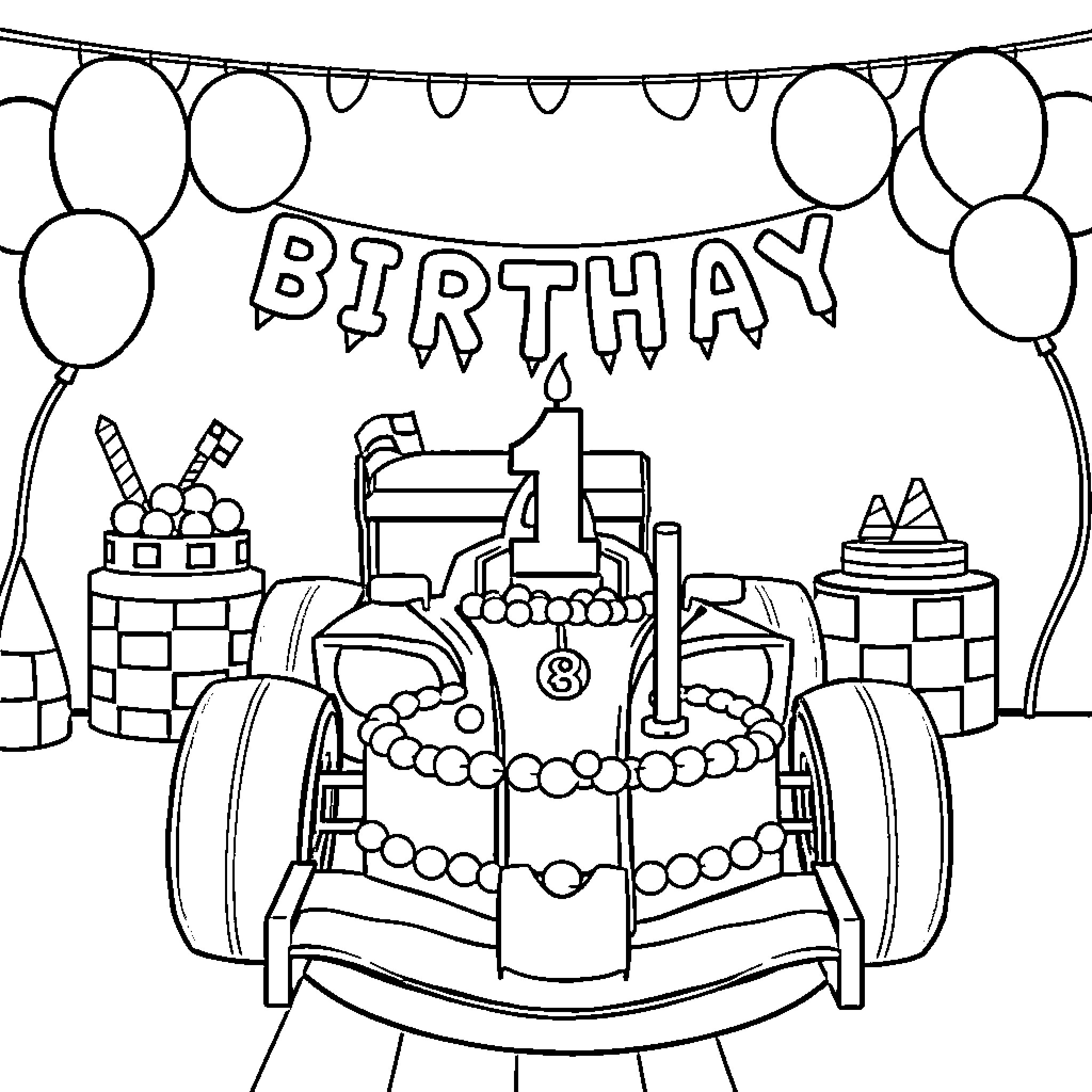F1 Birthday Celebration with Festive Decorations Coloring Page (free black-and-white line drawing printable PDF for all, from beginners to advanced learners, including children, teens, adults, and seniors)