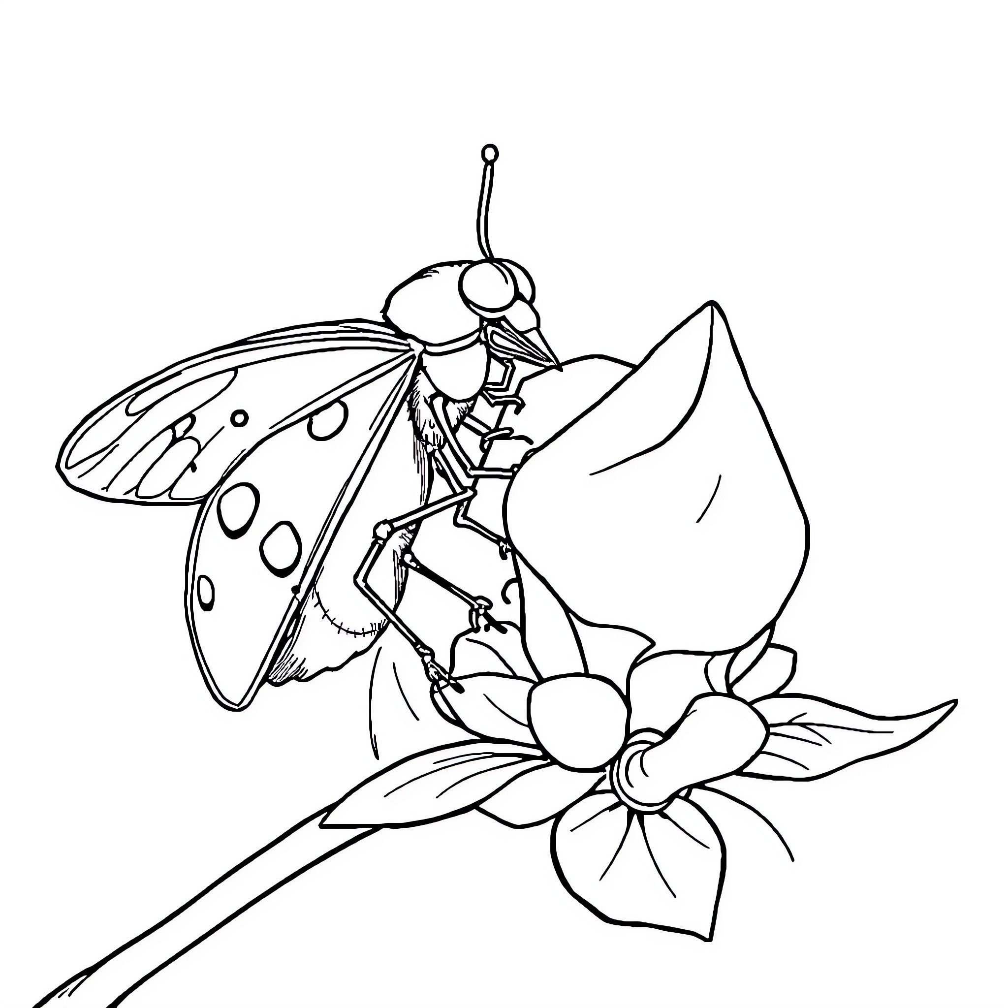 Ladybug perched on a flower Coloring Page (free black-and-white line drawing printable PDF for all, from beginners to advanced learners, including children, teens, adults, and seniors)