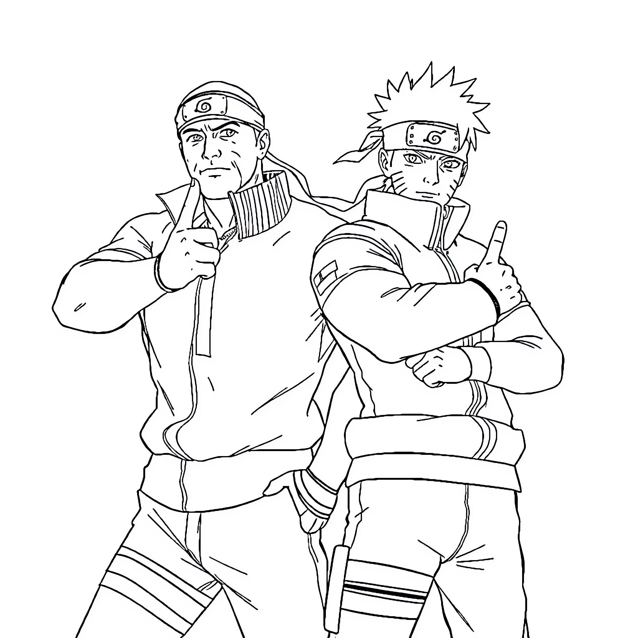 Naruto and Shikamaru in action poses Coloring Page (free black-and-white line drawing printable PDF for all, from beginners to advanced learners, including children, teens, adults, and seniors)