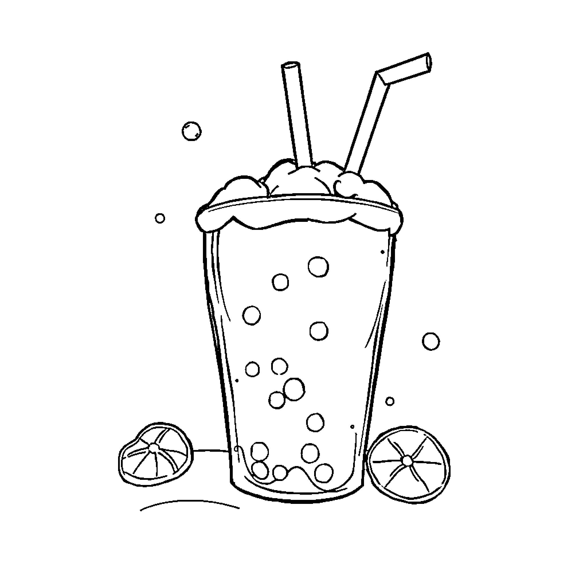 Soda drink with bubbly swirls and straws Coloring Page (free black-and-white line drawing printable PDF for all, from beginners to advanced learners, including children, teens, adults, and seniors)