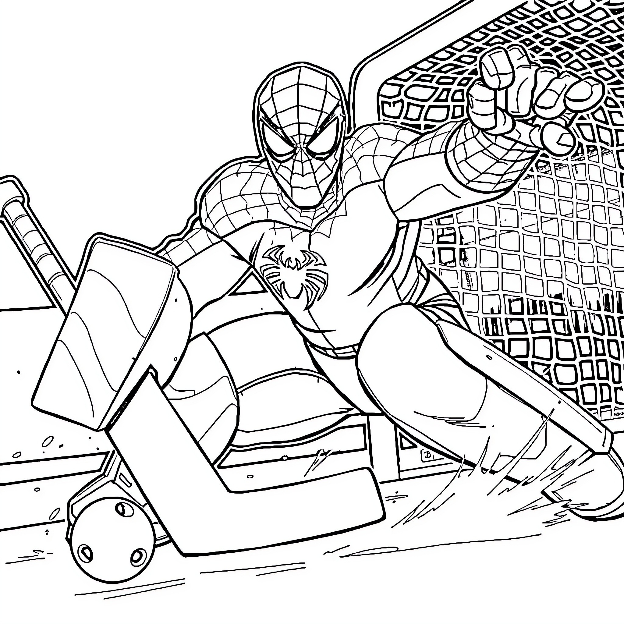 Spiderman in action-packed urban scene Coloring Page (free black-and-white line drawing printable PDF for all, from beginners to advanced learners, including children, teens, adults, and seniors)