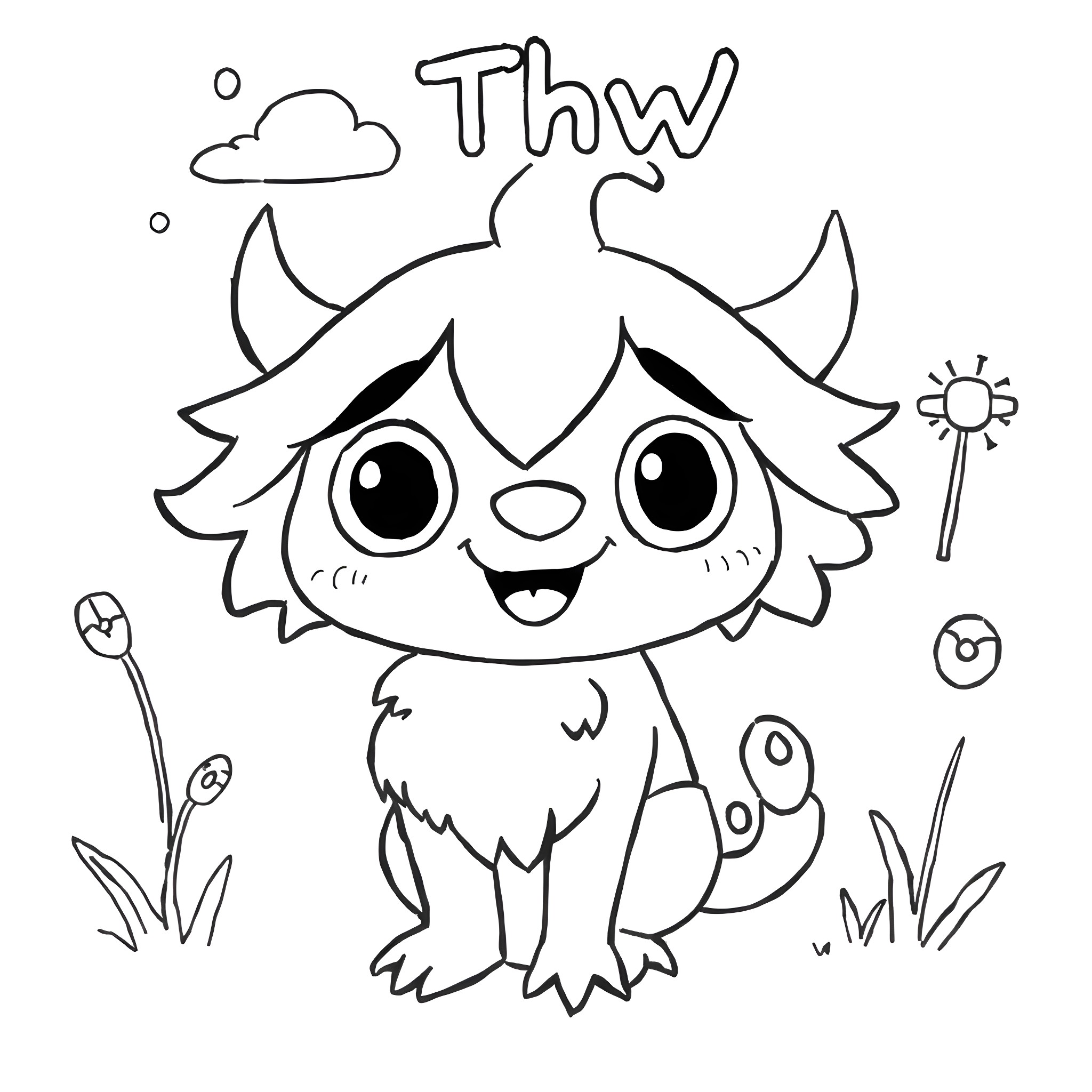 Thw happy creature playing in nature Coloring Page (free black-and-white line drawing printable PDF for all, from beginners to advanced learners, including children, teens, adults, and seniors)