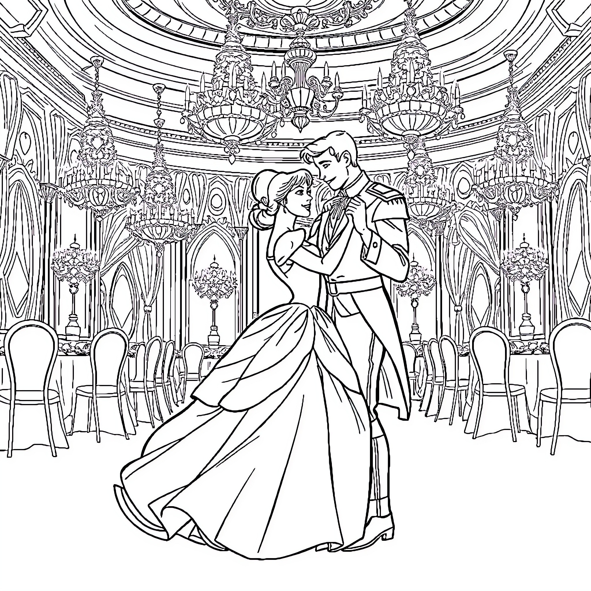 Cinderella's Enchanting Ball with Prince Charming Coloring Page (free black-and-white line drawing printable PDF for all, from beginners to advanced learners, including children, teens, adults, and seniors)