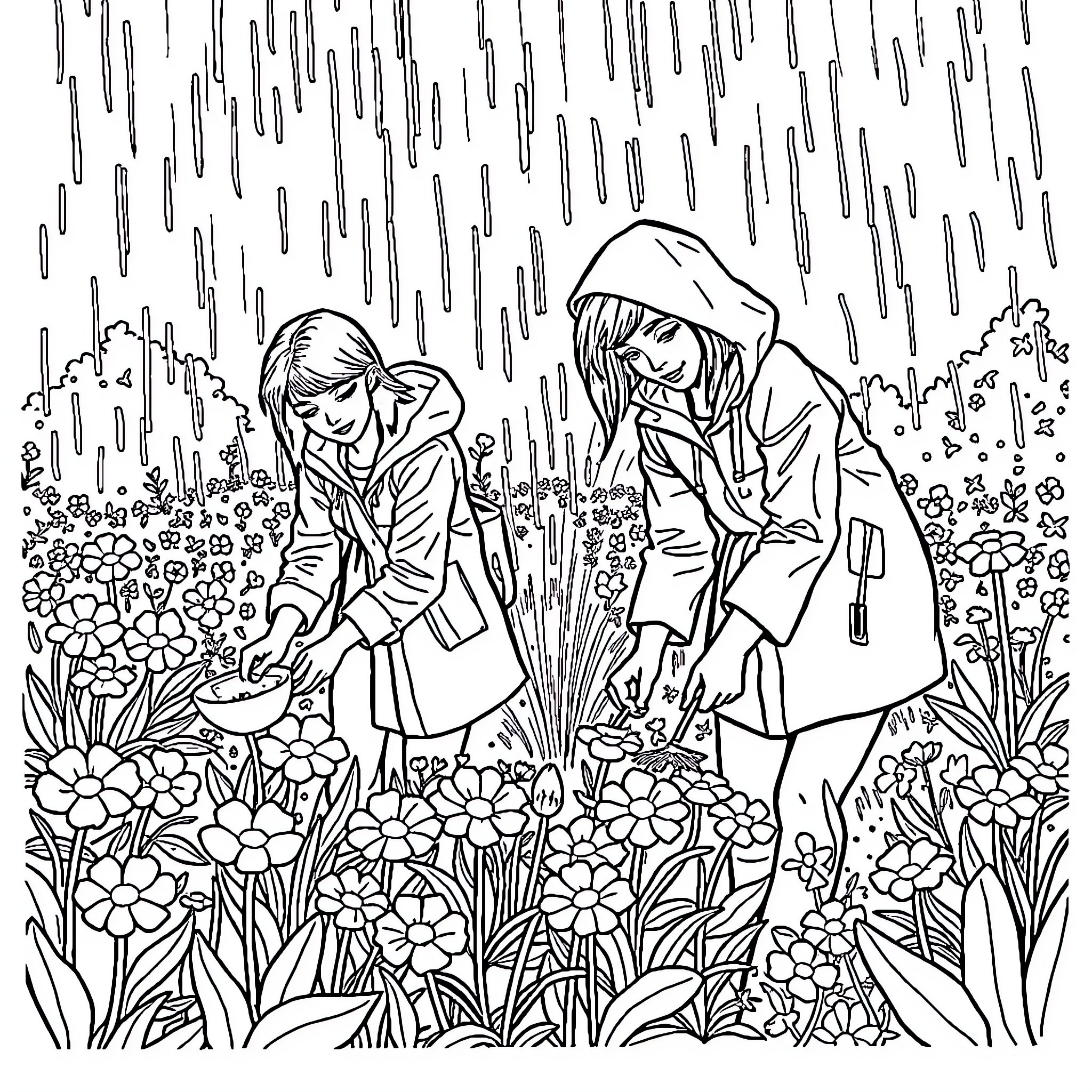 Women exploring nature in the rain Coloring Page (free black-and-white line drawing printable PDF for all, from beginners to advanced learners, including children, teens, adults, and seniors)