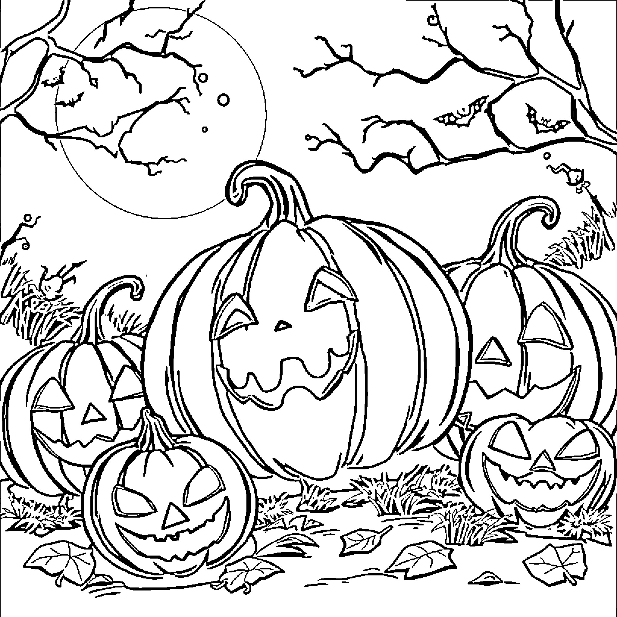 Pumpkins in a Spooky Halloween Scene Coloring Page (free black-and-white line drawing printable PDF for all, from beginners to advanced learners, including children, teens, adults, and seniors)