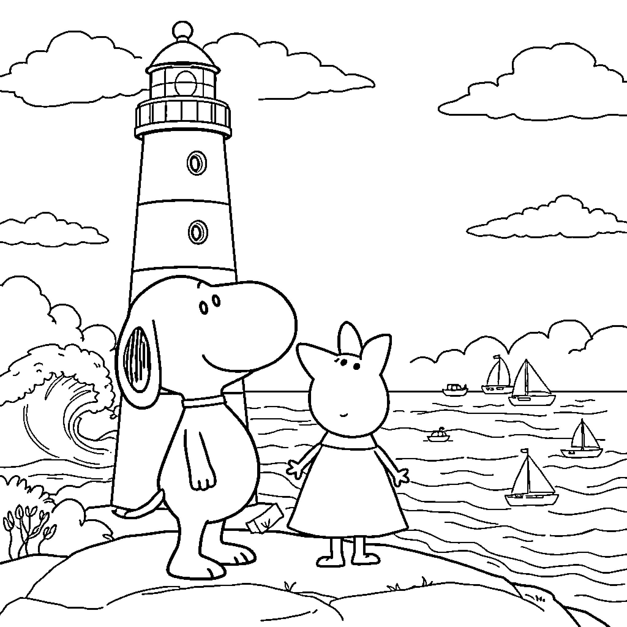 Snoopy and Woodstock at the Lighthouse Coloring Page (free black-and-white line drawing printable PDF for all, from beginners to advanced learners, including children, teens, adults, and seniors)