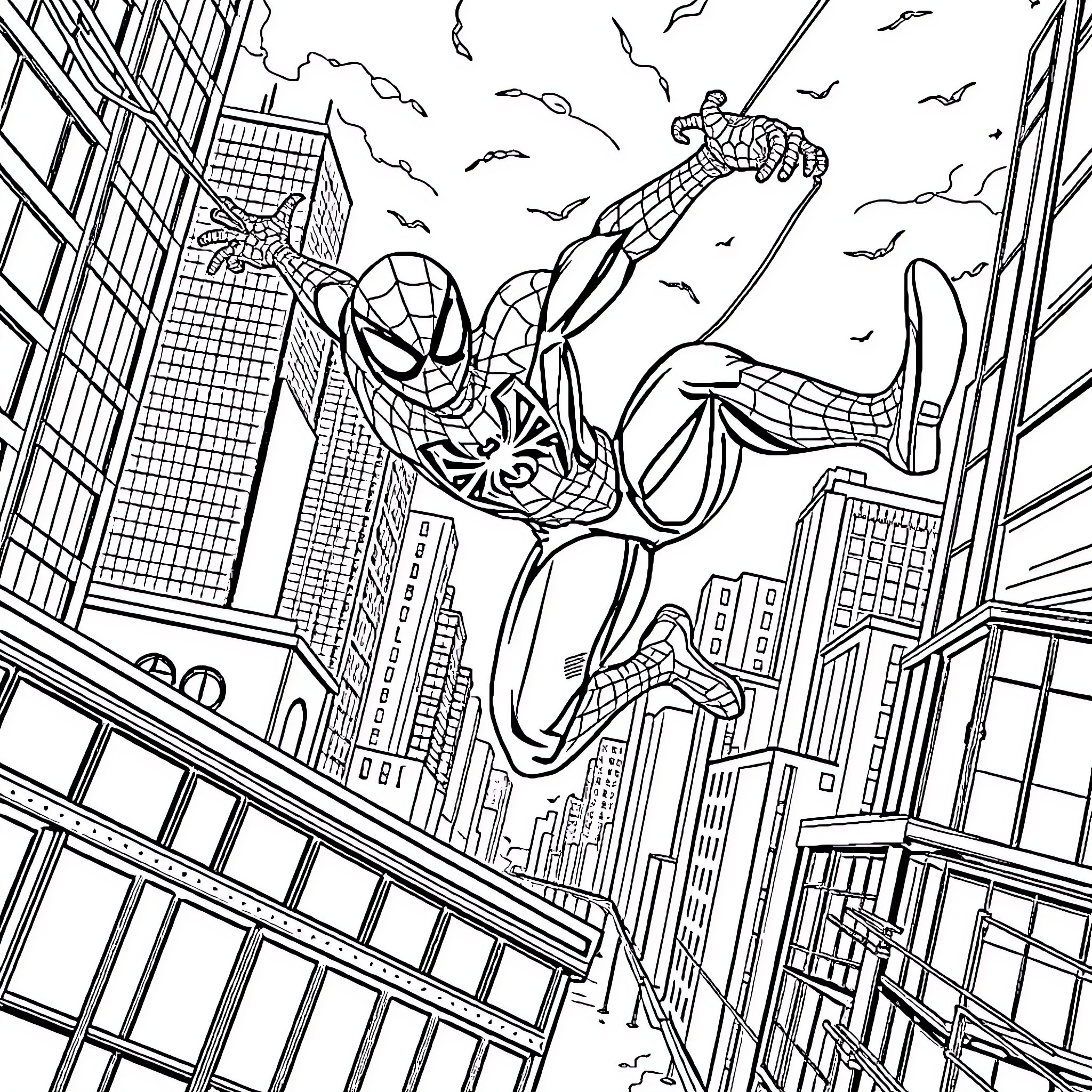 Spider-Man swinging through the city skyline Coloring Page (free black-and-white line drawing printable PDF for all, from beginners to advanced learners, including children, teens, adults, and seniors)