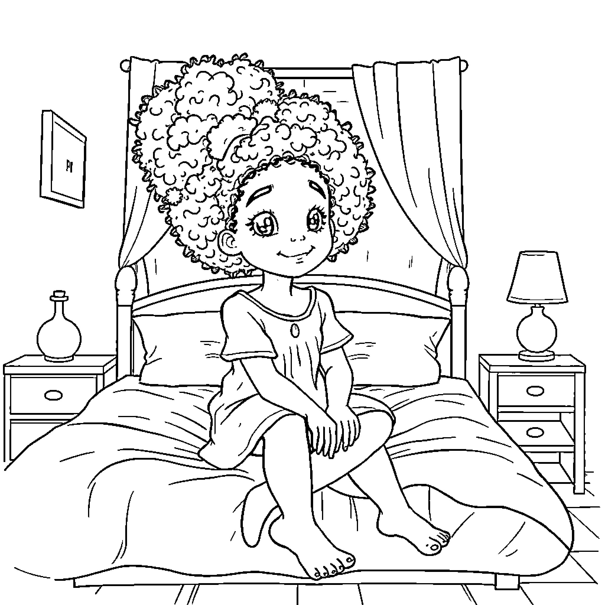 Girl sitting on bed in her room Coloring Page (free black-and-white line drawing printable PDF for all, from beginners to advanced learners, including children, teens, adults, and seniors)