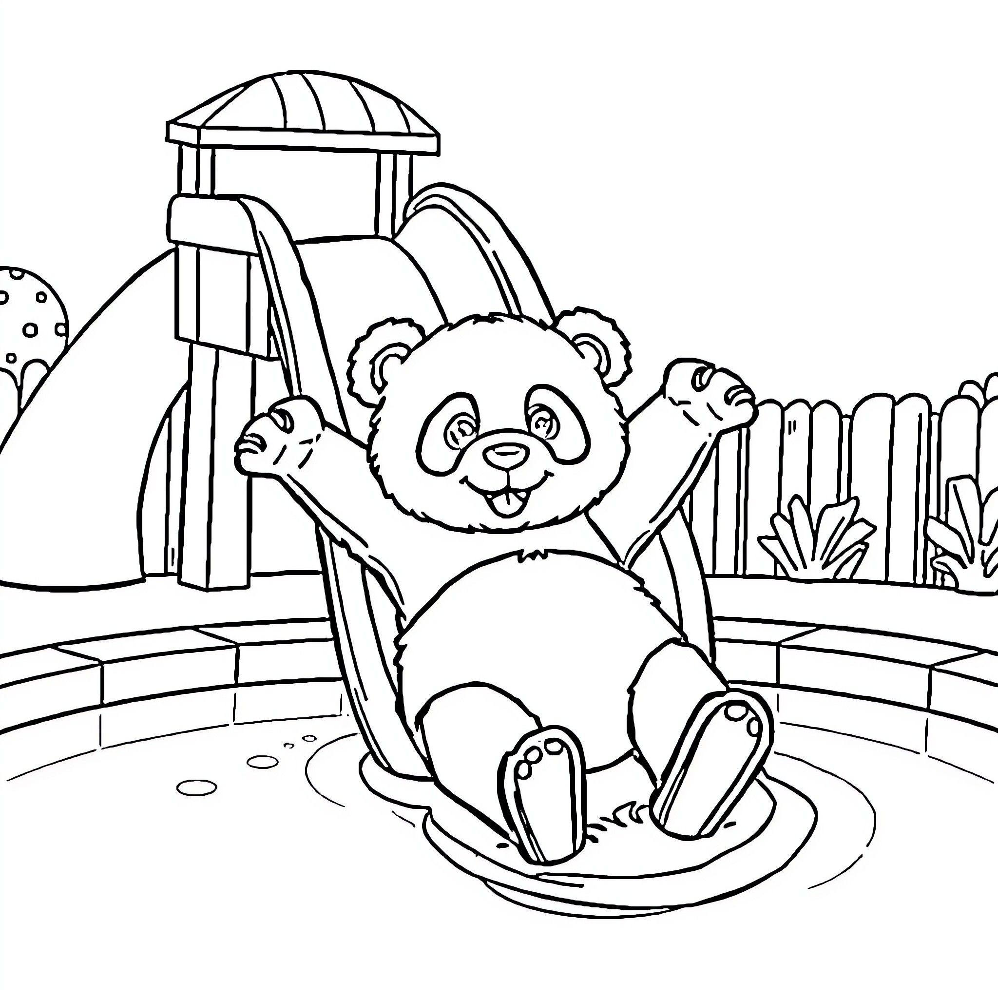 Panda playing happily on playground equipment Coloring Page (free black-and-white line drawing printable PDF for all, from beginners to advanced learners, including children, teens, adults, and seniors)