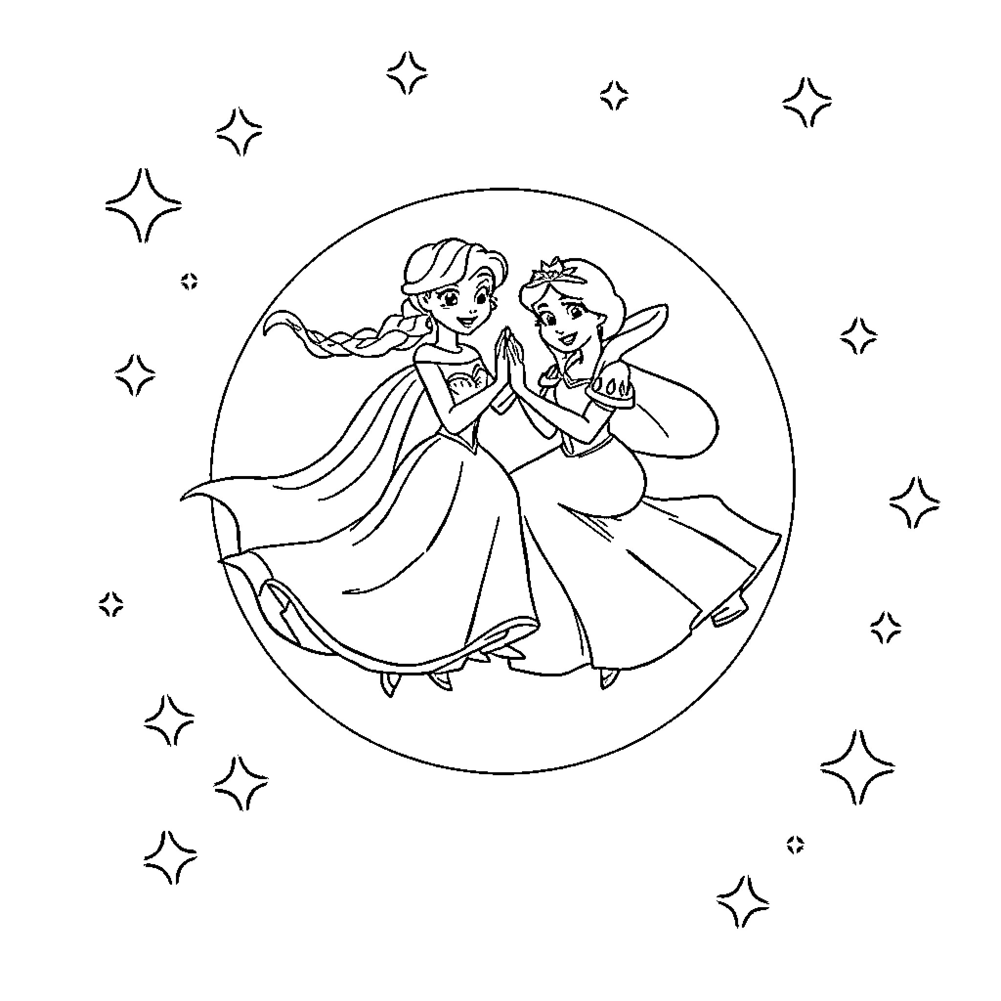 Princess dancers twirling in a starry scene Coloring Page (free black-and-white line drawing printable PDF for all, from beginners to advanced learners, including children, teens, adults, and seniors)