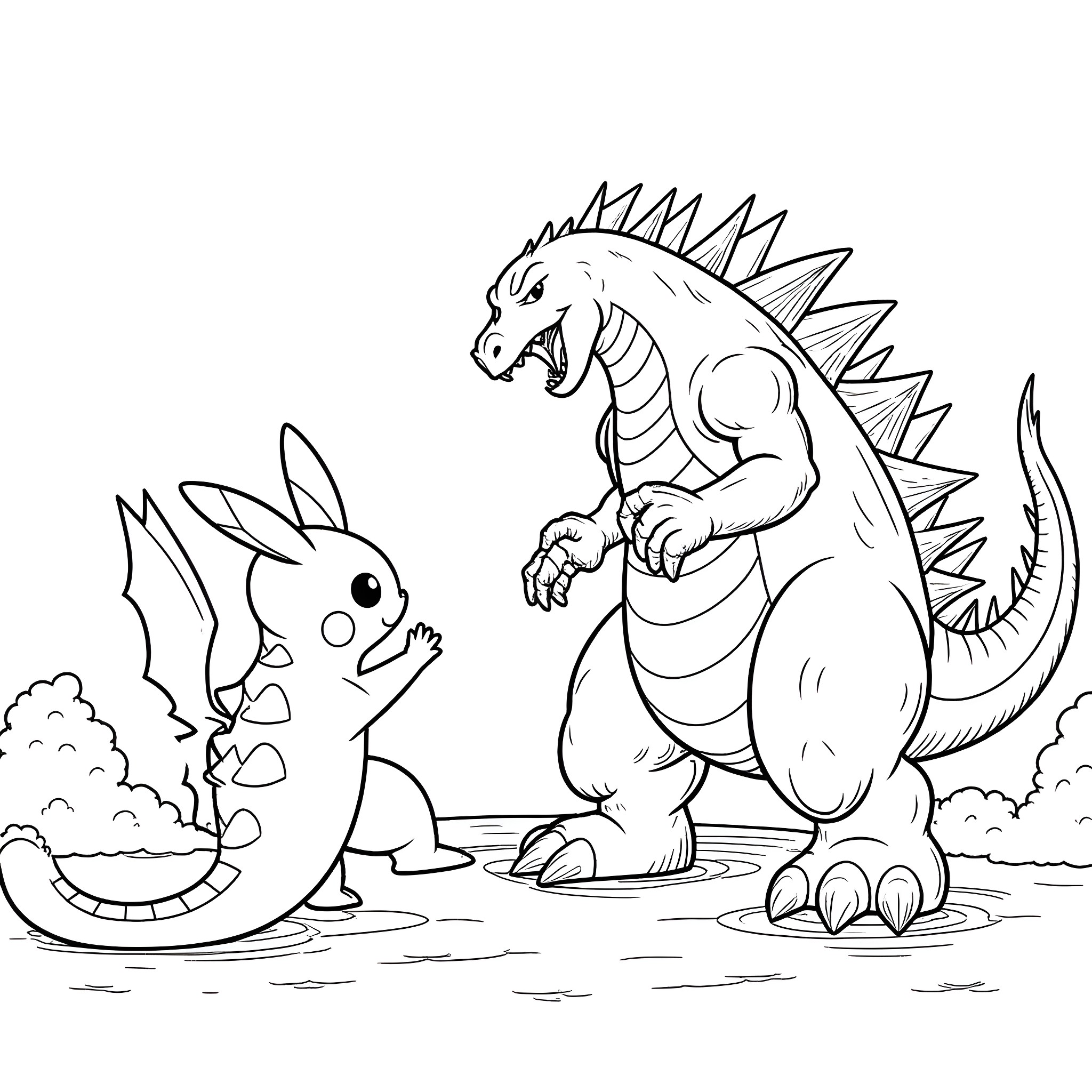 Pokémon characters in an epic battle scene Coloring Page (free black-and-white line drawing printable PDF for all, from beginners to advanced learners, including children, teens, adults, and seniors)