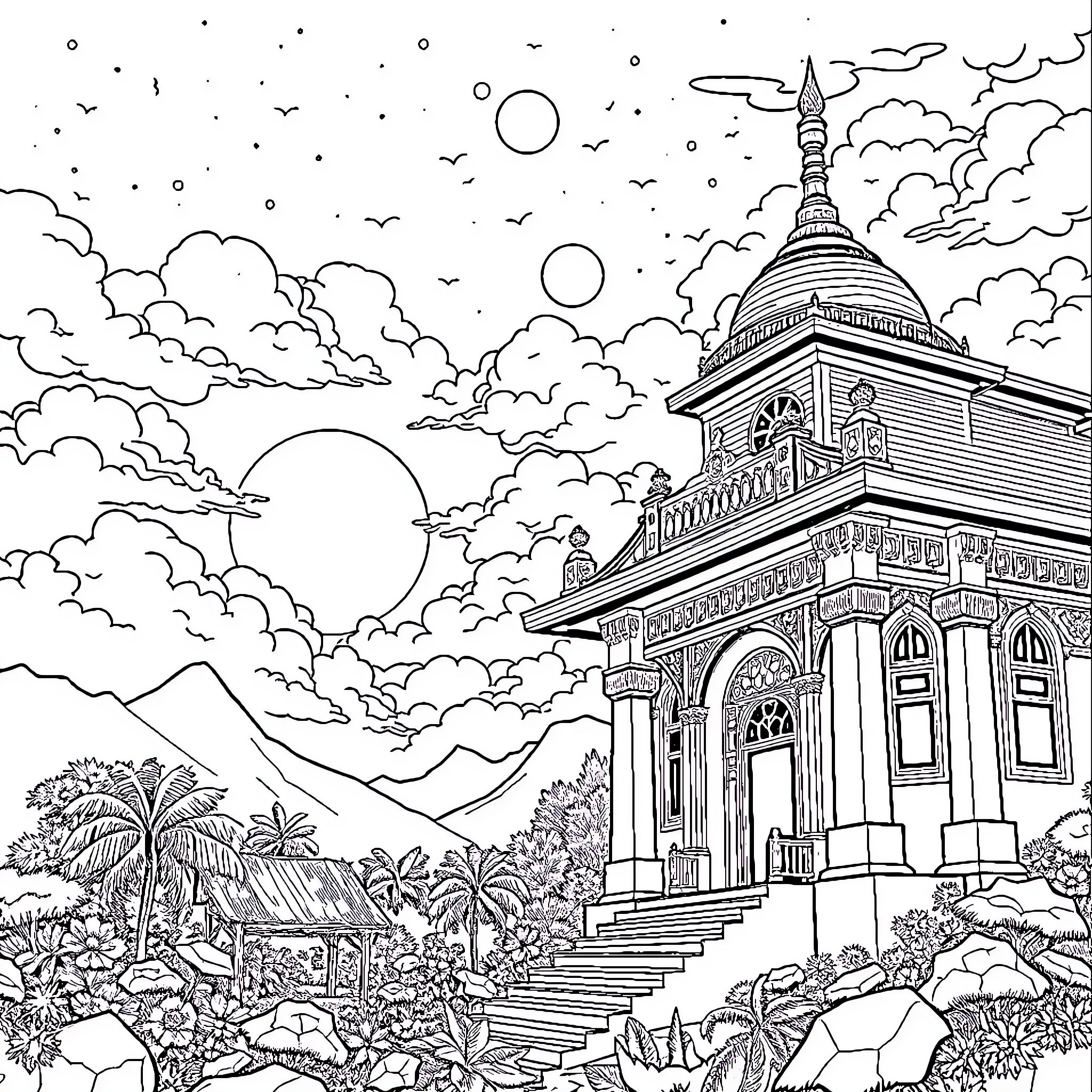 Gate to a Majestic Pagoda in a Tropical Landscape Coloring Page (free black-and-white line drawing printable PDF for all, from beginners to advanced learners, including children, teens, adults, and seniors)