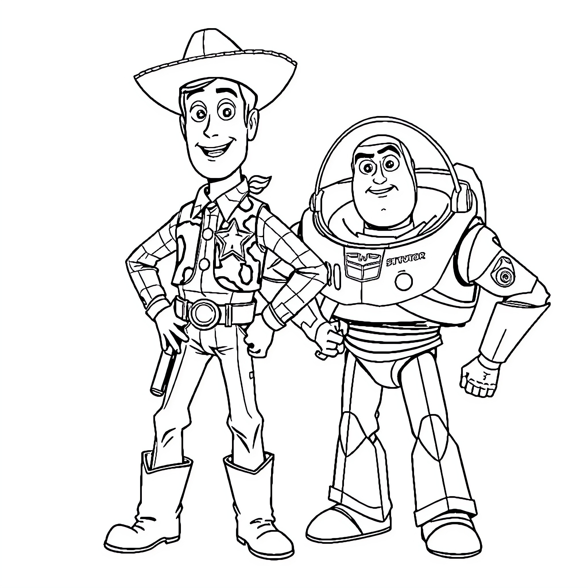 Buzz Lightyear and Woody in Heroic Poses Coloring Page (free black-and-white line drawing printable PDF for all, from beginners to advanced learners, including children, teens, adults, and seniors)