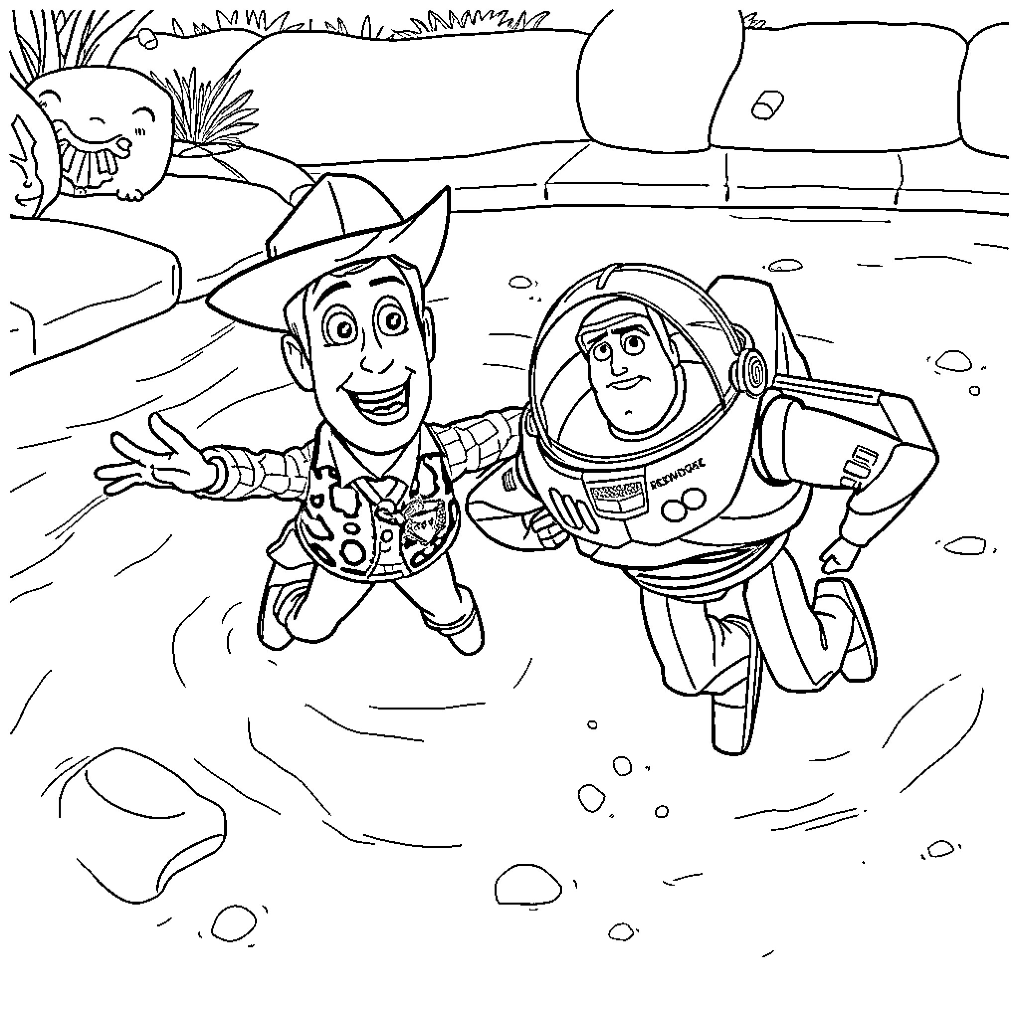 Woody and Buzz Interacting in an Adventure Scene Coloring Page (free black-and-white line drawing printable PDF for all, from beginners to advanced learners, including children, teens, adults, and seniors)