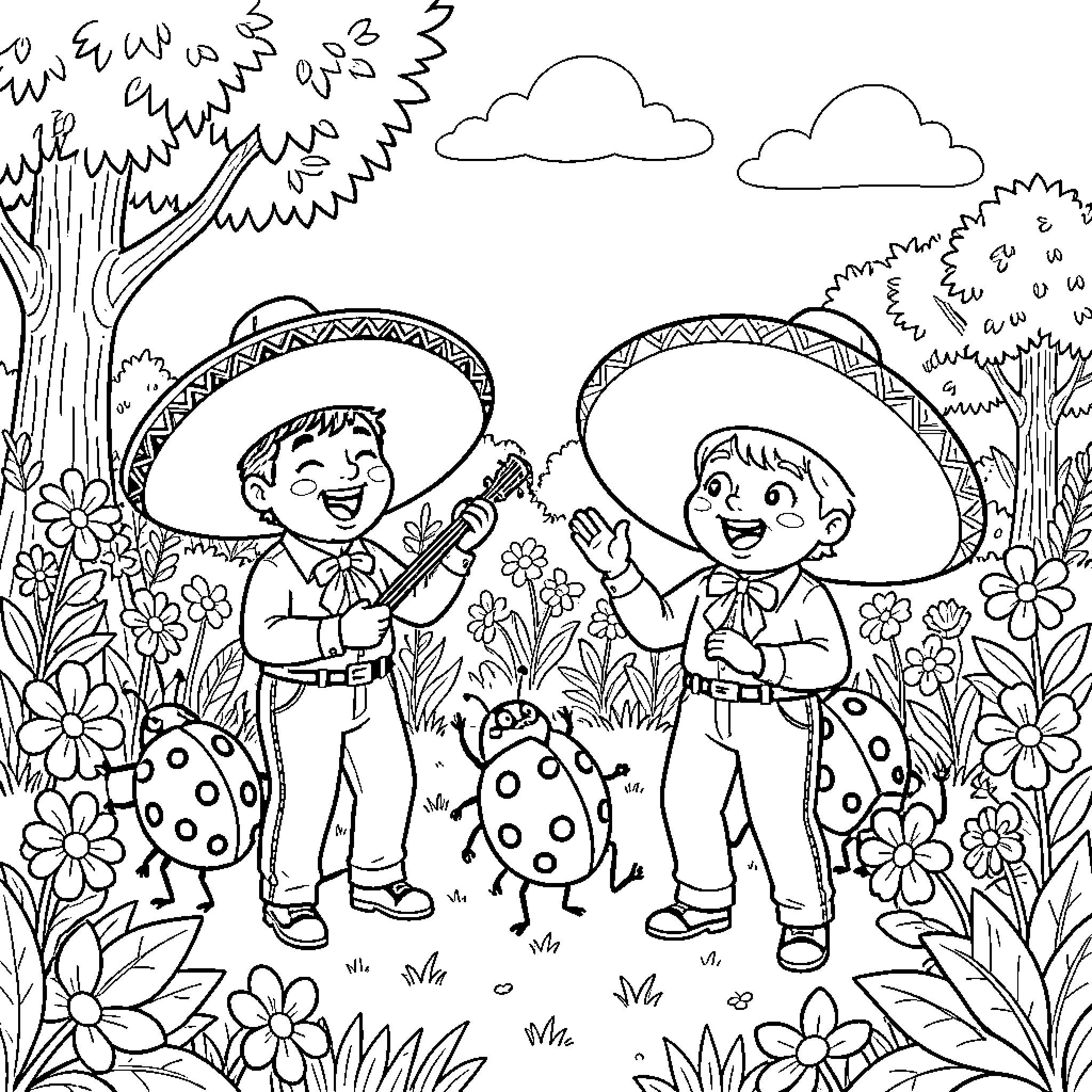 Ladybug Kids Exploring the Nature Coloring Page (free black-and-white line drawing printable PDF for all, from beginners to advanced learners, including children, teens, adults, and seniors)