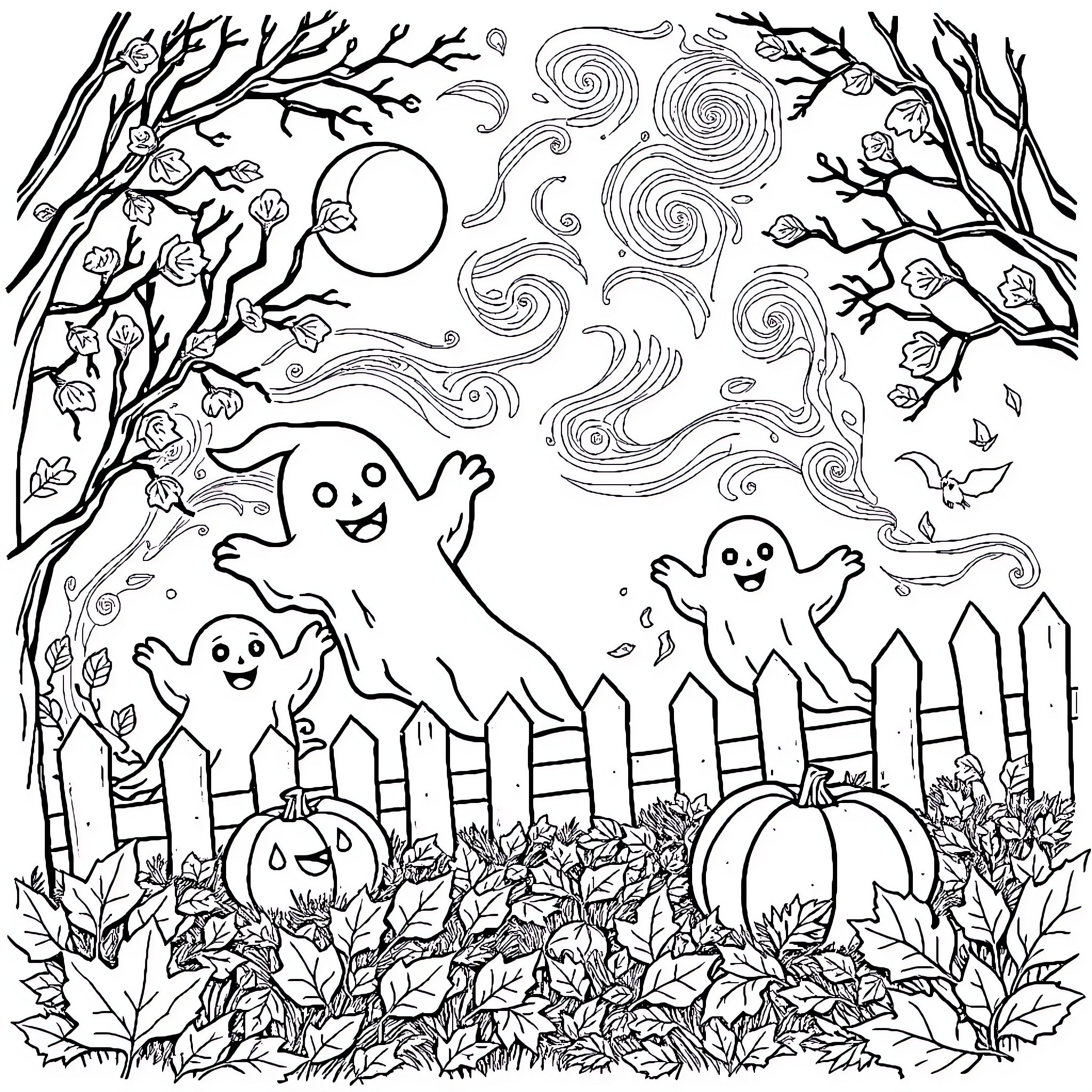 Ghost Ghouls Frolicking in Haunted Autumn Landscape Coloring Page (free black-and-white line drawing printable PDF for all, from beginners to advanced learners, including children, teens, adults, and seniors)